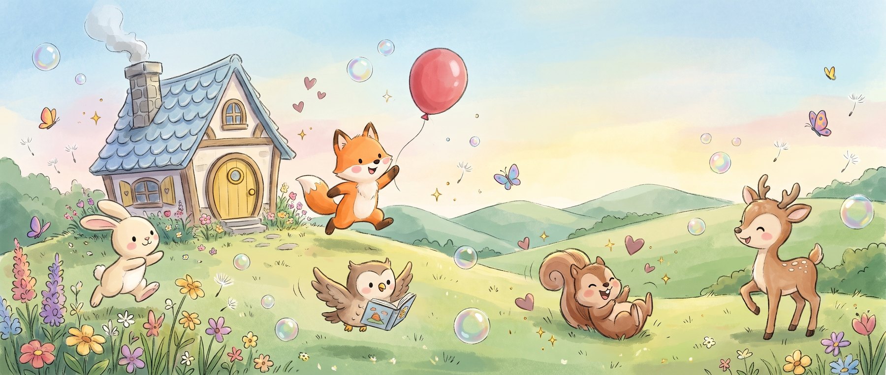 A painted watercolor meadow: a fox leaps for a red balloon, an owl reads a storybook to friends, and a bunny, squirrel, and deer play among flowers and bubbles beside a cozy storybook cottage.