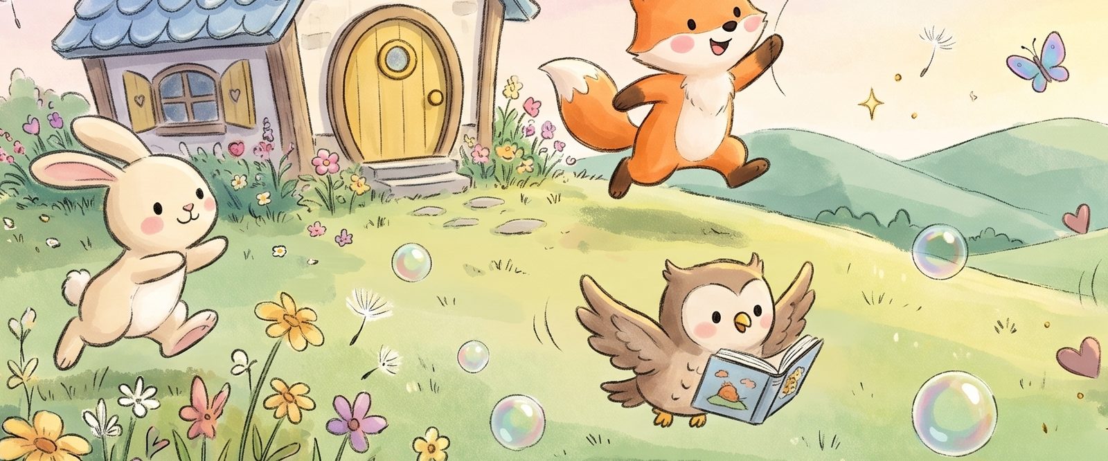 The watercolor owl reads a picture book in the meadow while the fox leaps and the bunny runs past the cottage.