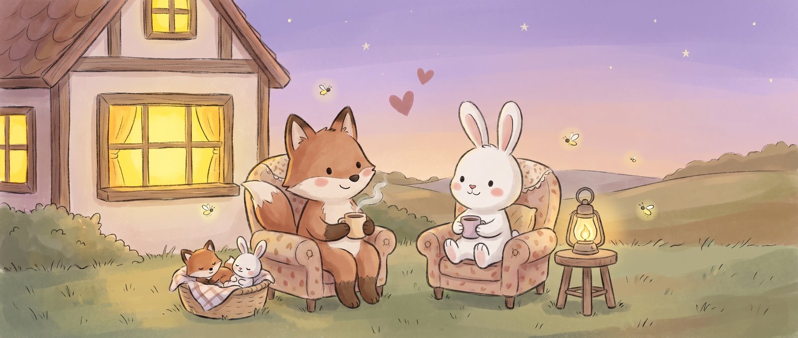 Evening at the storybook cottage: a grown-up fox and bunny relax in armchairs with mugs of tea while their little ones sleep in a blanket basket beside them.