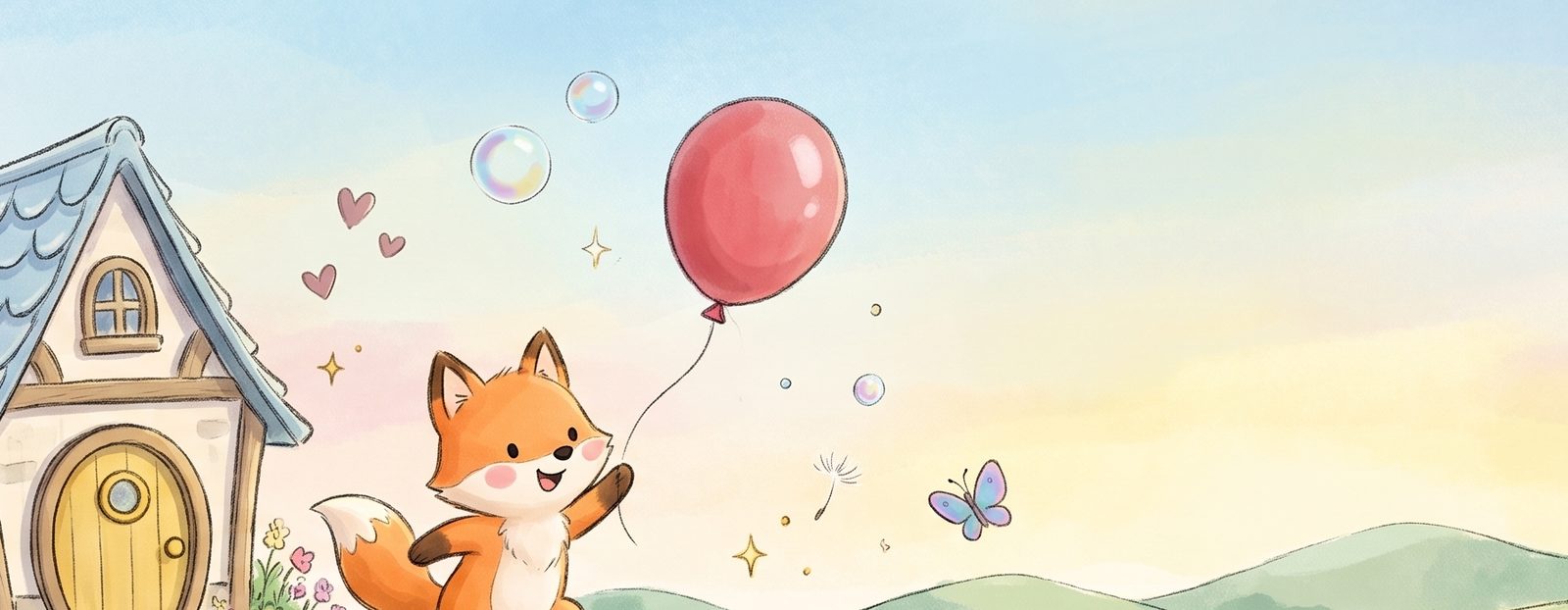 A painted watercolor fox leaps after a red balloon outside the storybook cottage.
