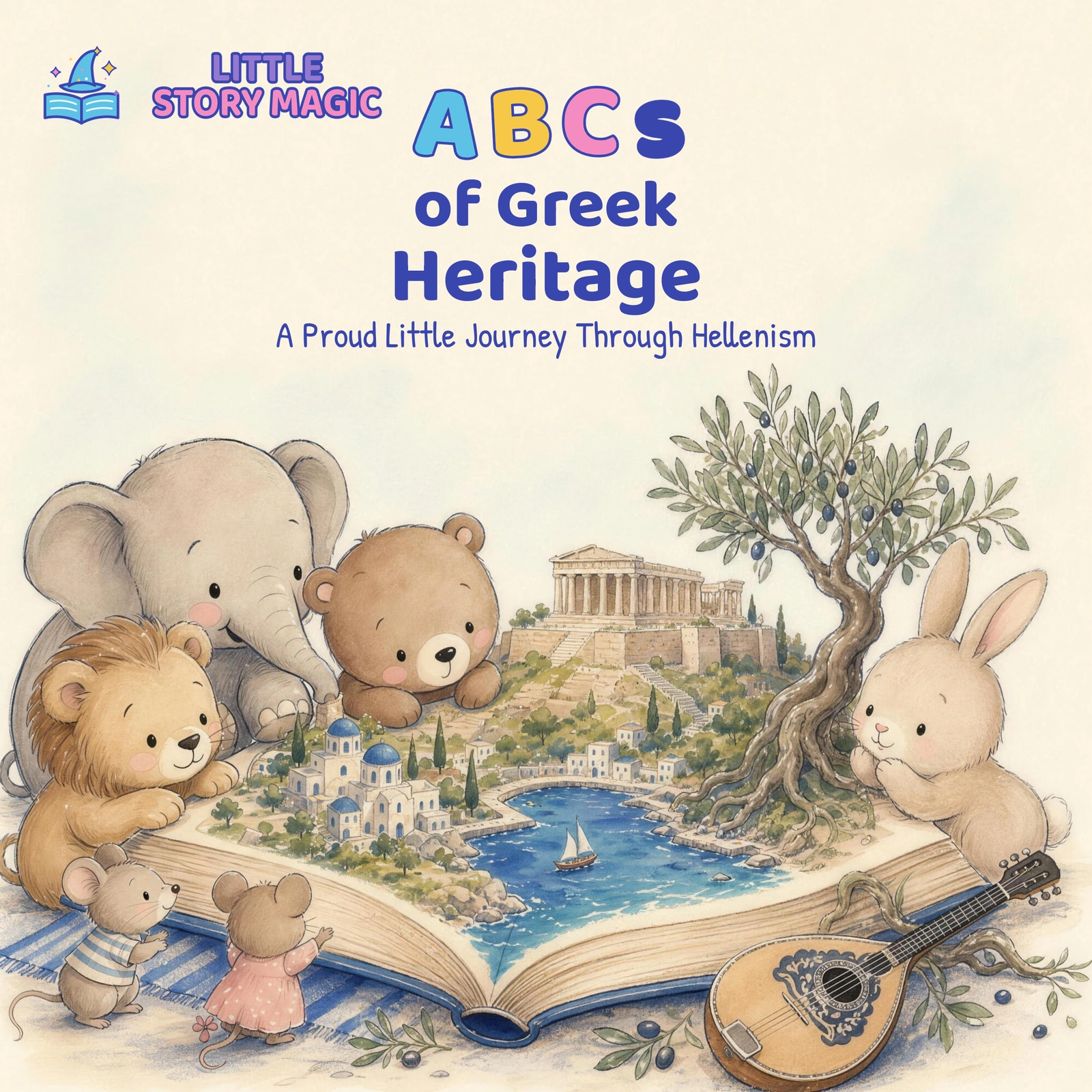 Animal friends gather around an open book filled with Greek buildings, an olive tree and a bouzouki.