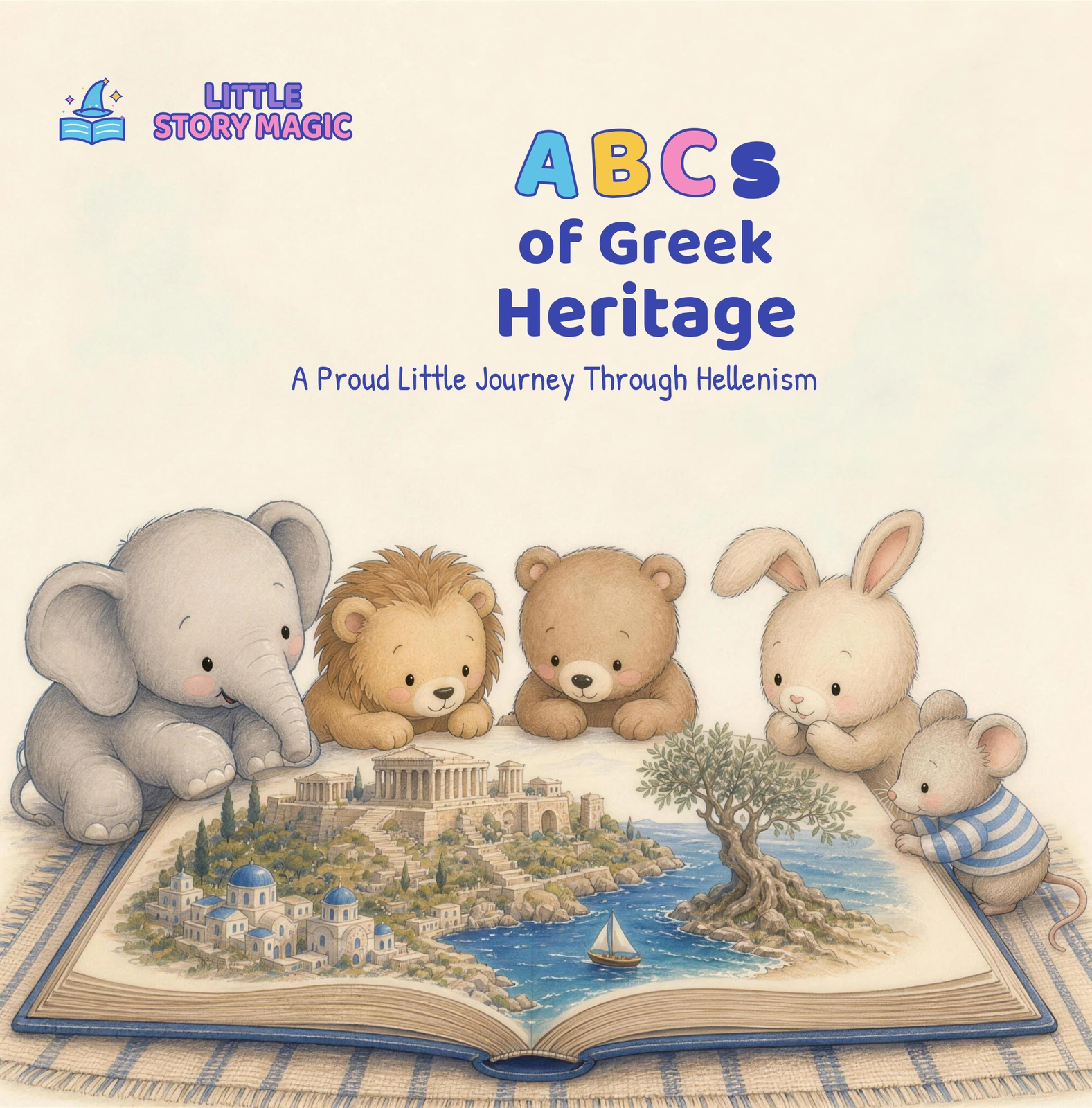 Elephant, Lion, Bear, Rabbit and Mouse look into an open book showing a miniature Greek harbour and olive tree.