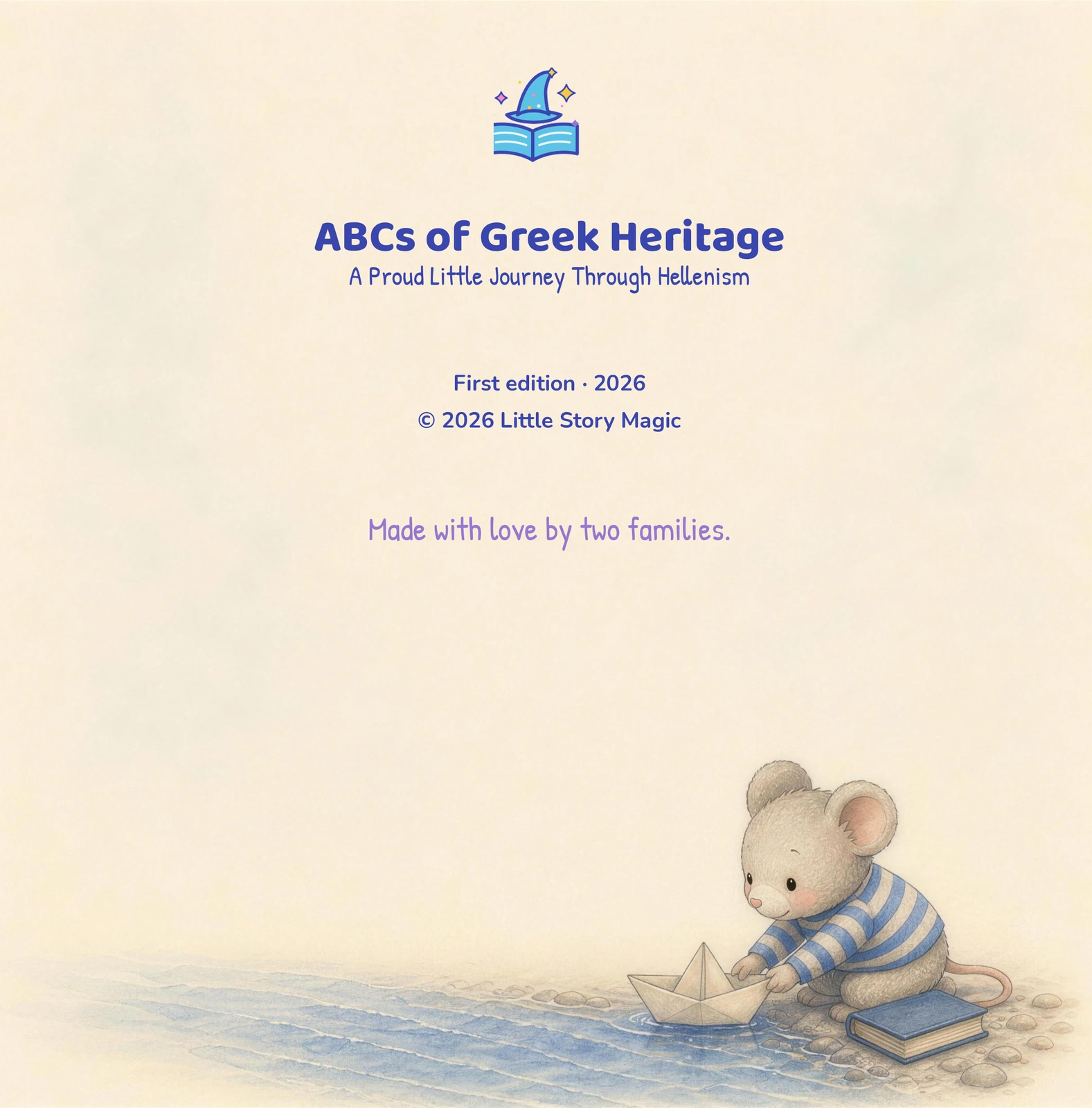 A striped mouse launches a folded paper boat beside a blue book at the water's edge.