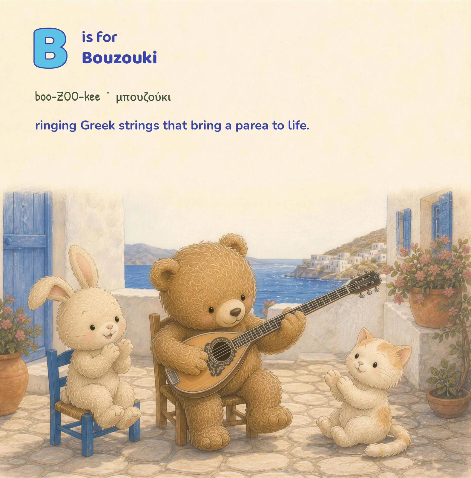 A bear plays a bouzouki while a rabbit and a cat sit beside him in a courtyard overlooking the sea.