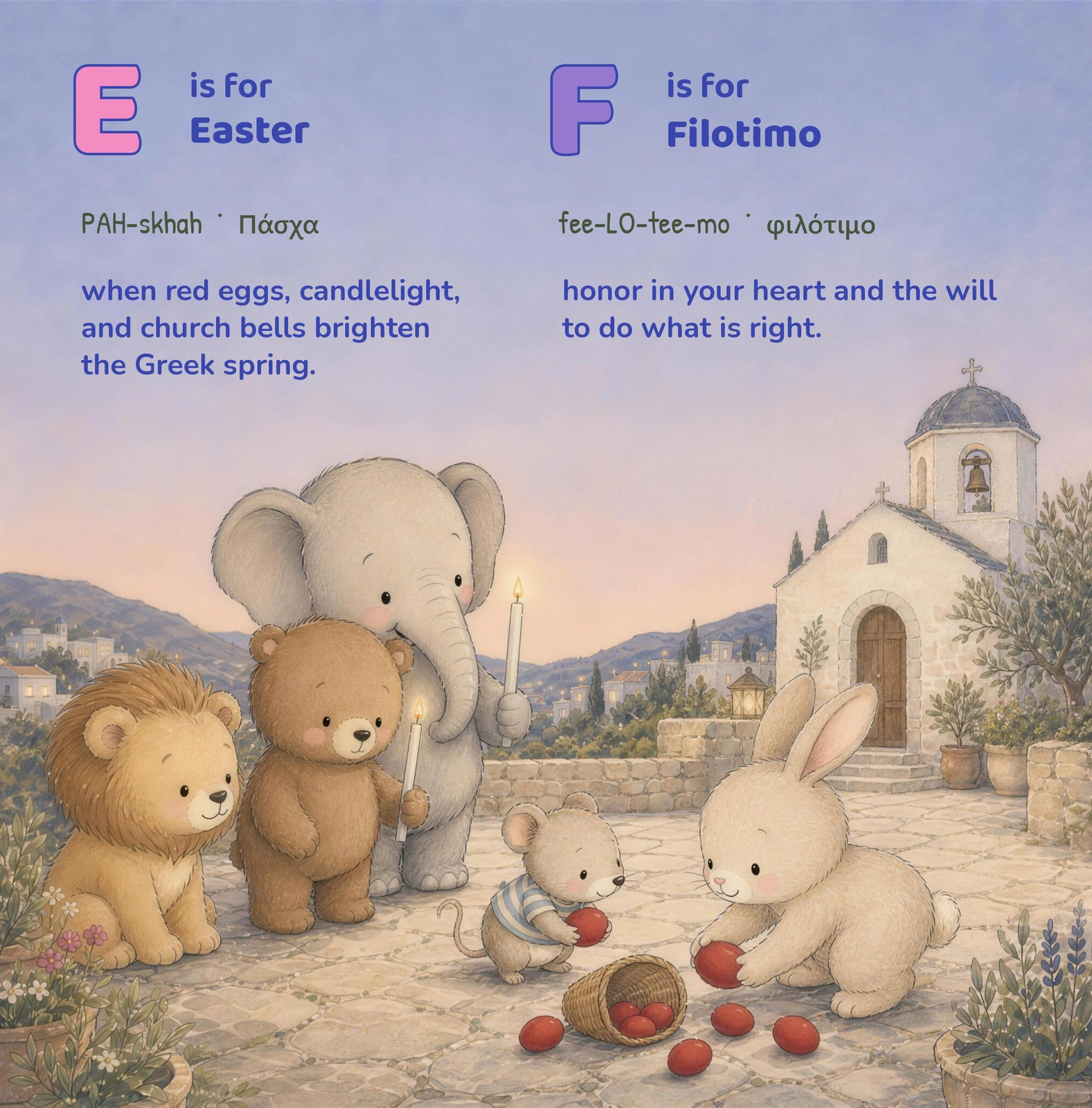 A rabbit and a small mouse handle red eggs outside a church while an elephant and a bear hold candles nearby.