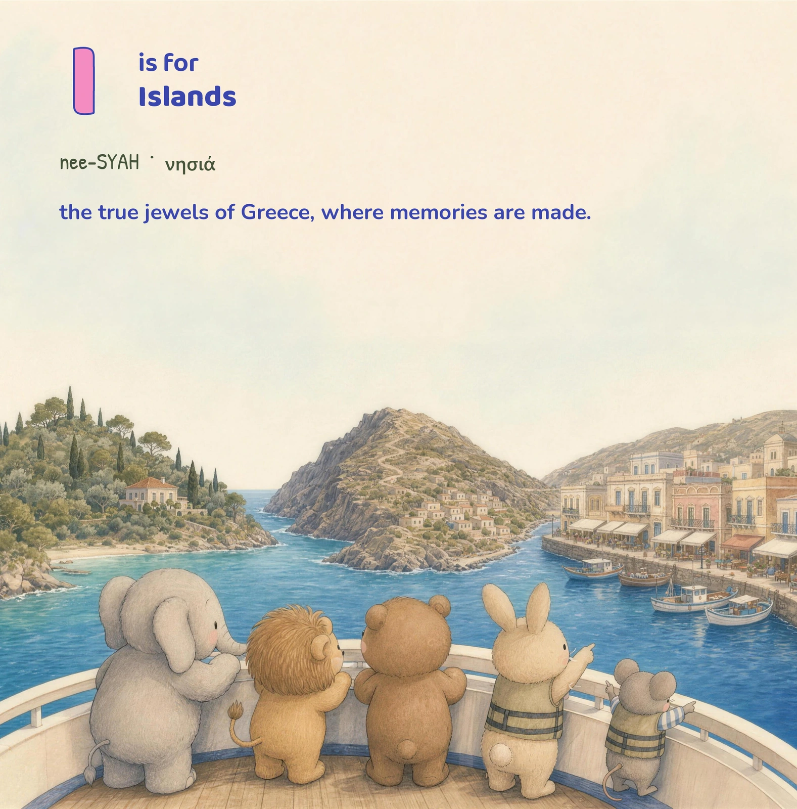 Animal friends stand at a ferry railing and look towards green islands and a harbour.