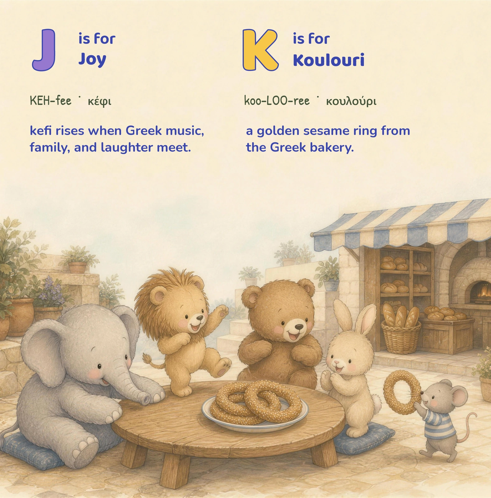 Animal friends gather around a bakery table with sesame bread rings; Lion claps and a mouse carries another ring.