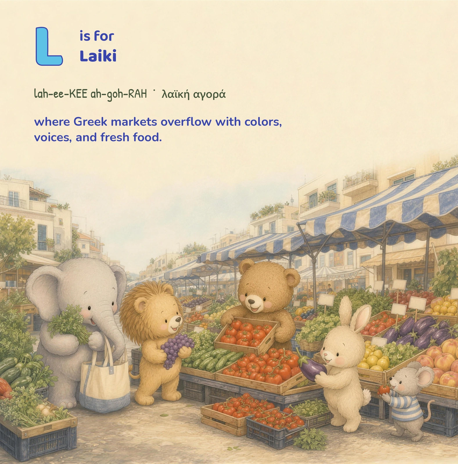 Animal friends browse fruit and vegetable stalls at an outdoor neighbourhood market.