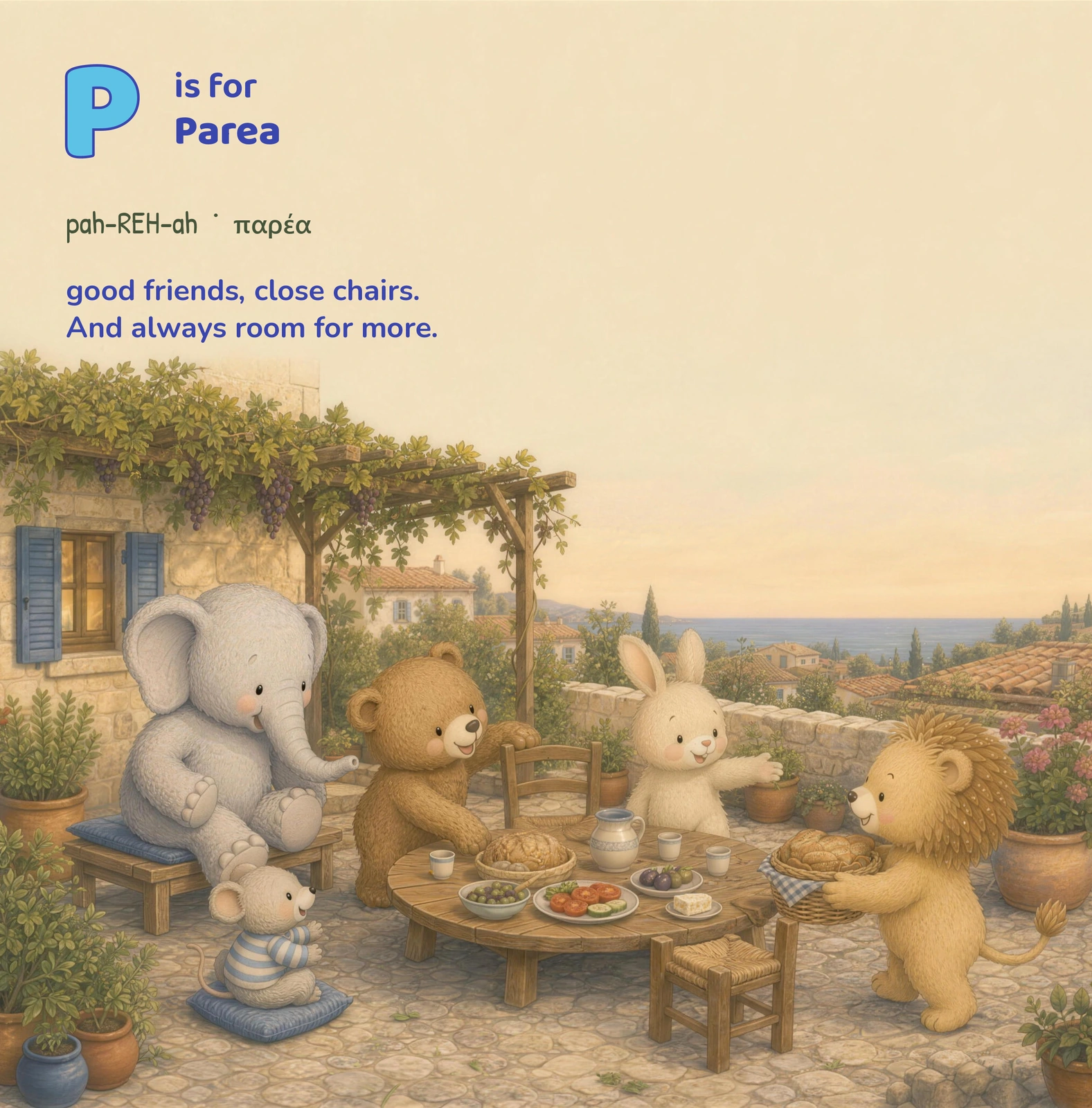 A rabbit makes room at an outdoor table as animal friends gather with food and cups.
