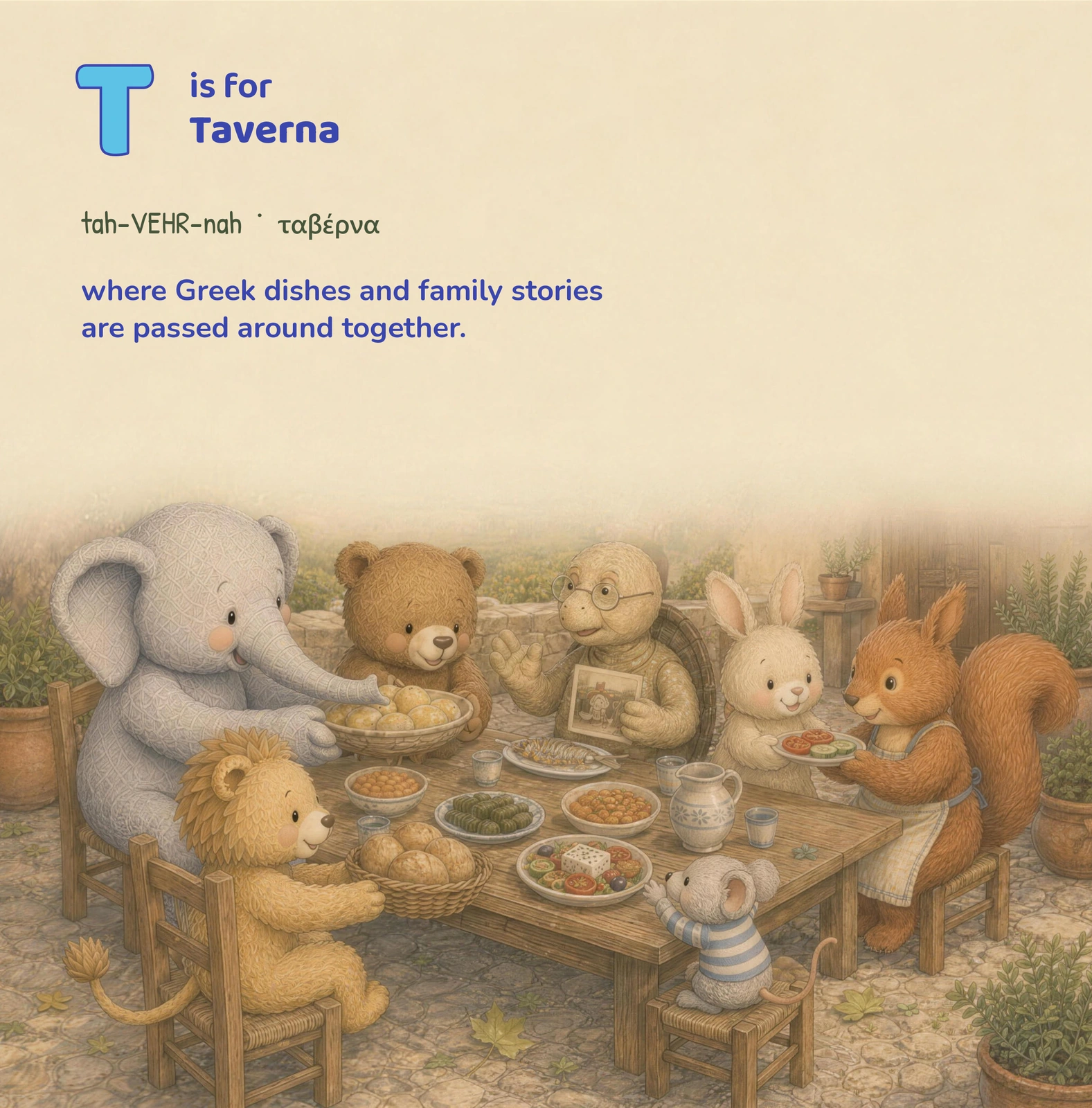 Animal friends share food at a long outdoor table, with a turtle showing a family picture.