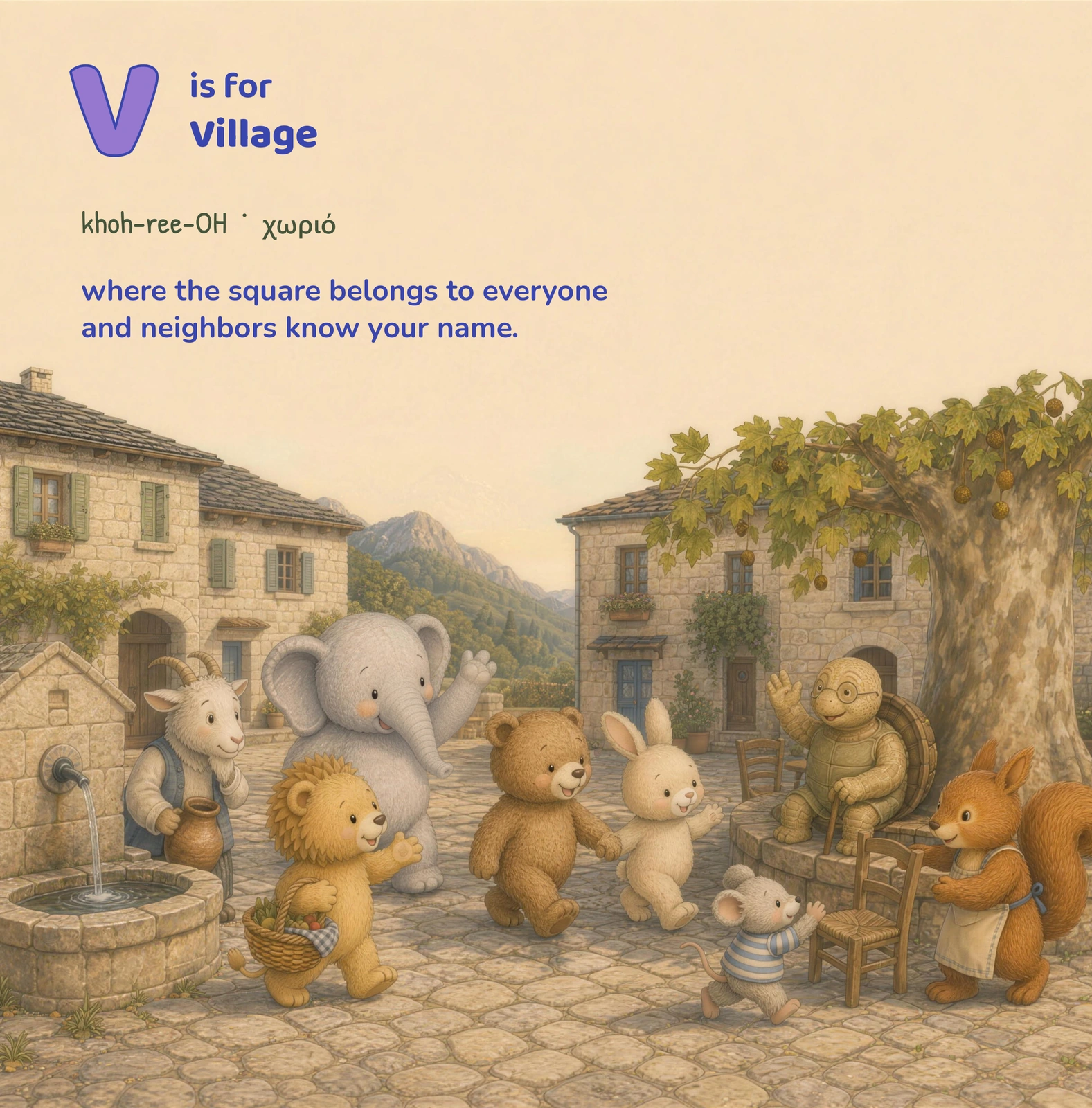 Animal neighbours gather around a fountain and chairs in a tree-shaded stone village square.