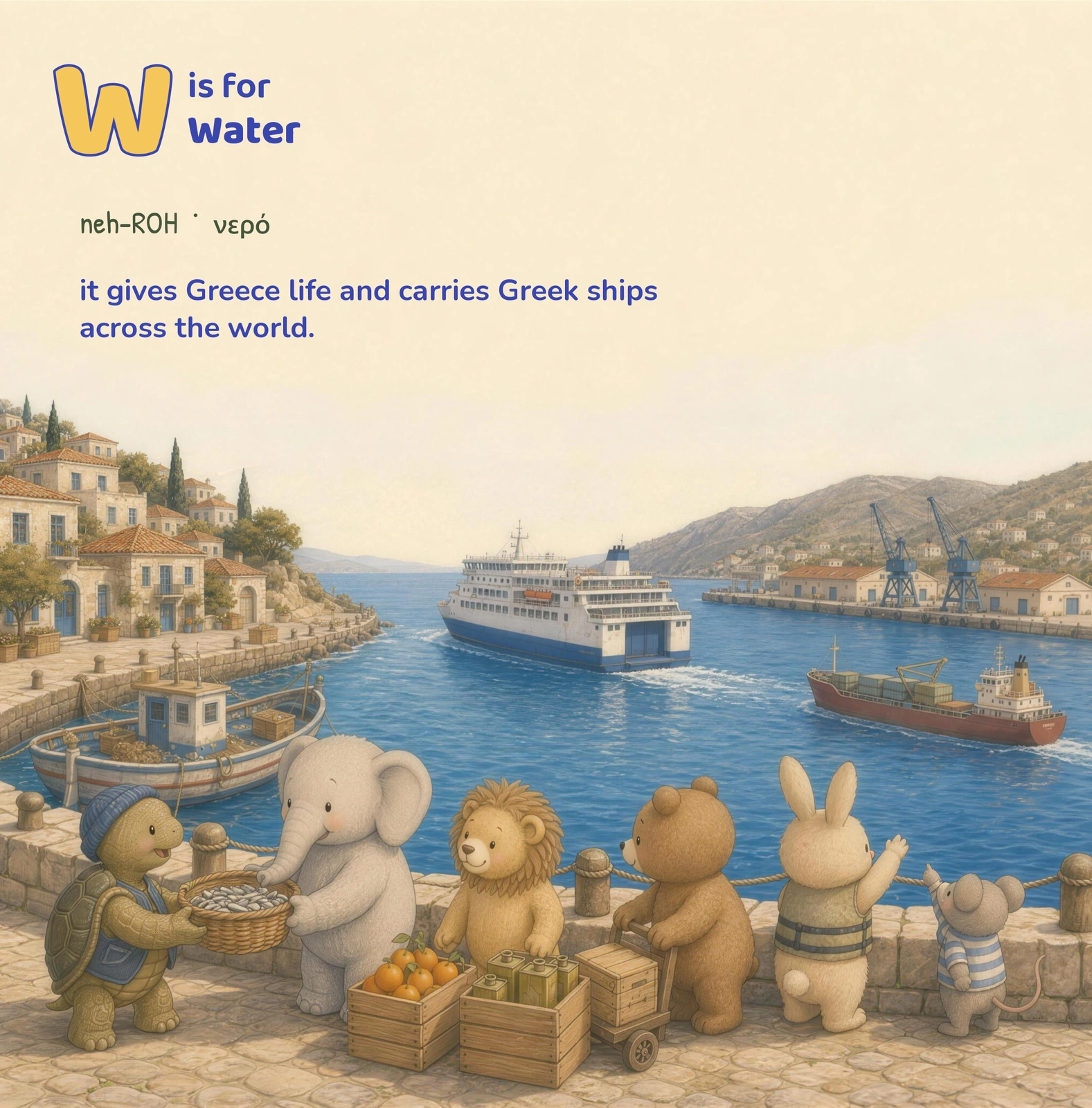 Friends move baskets and crates beside a harbour with a ferry, cargo vessel and cranes.