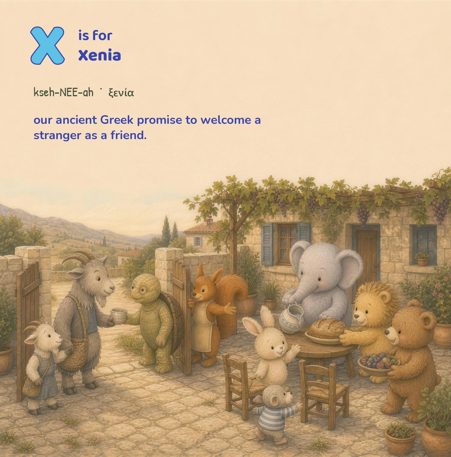 A turtle welcomes a goat visitor while friends gather around a shaded outdoor table.