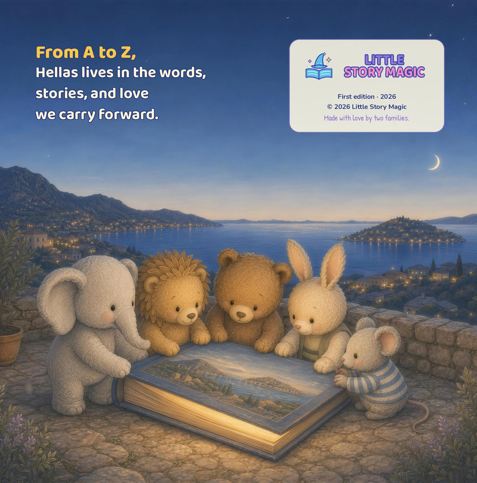 Animal friends gather around a closed, glowing book above a harbour lit up at night.
