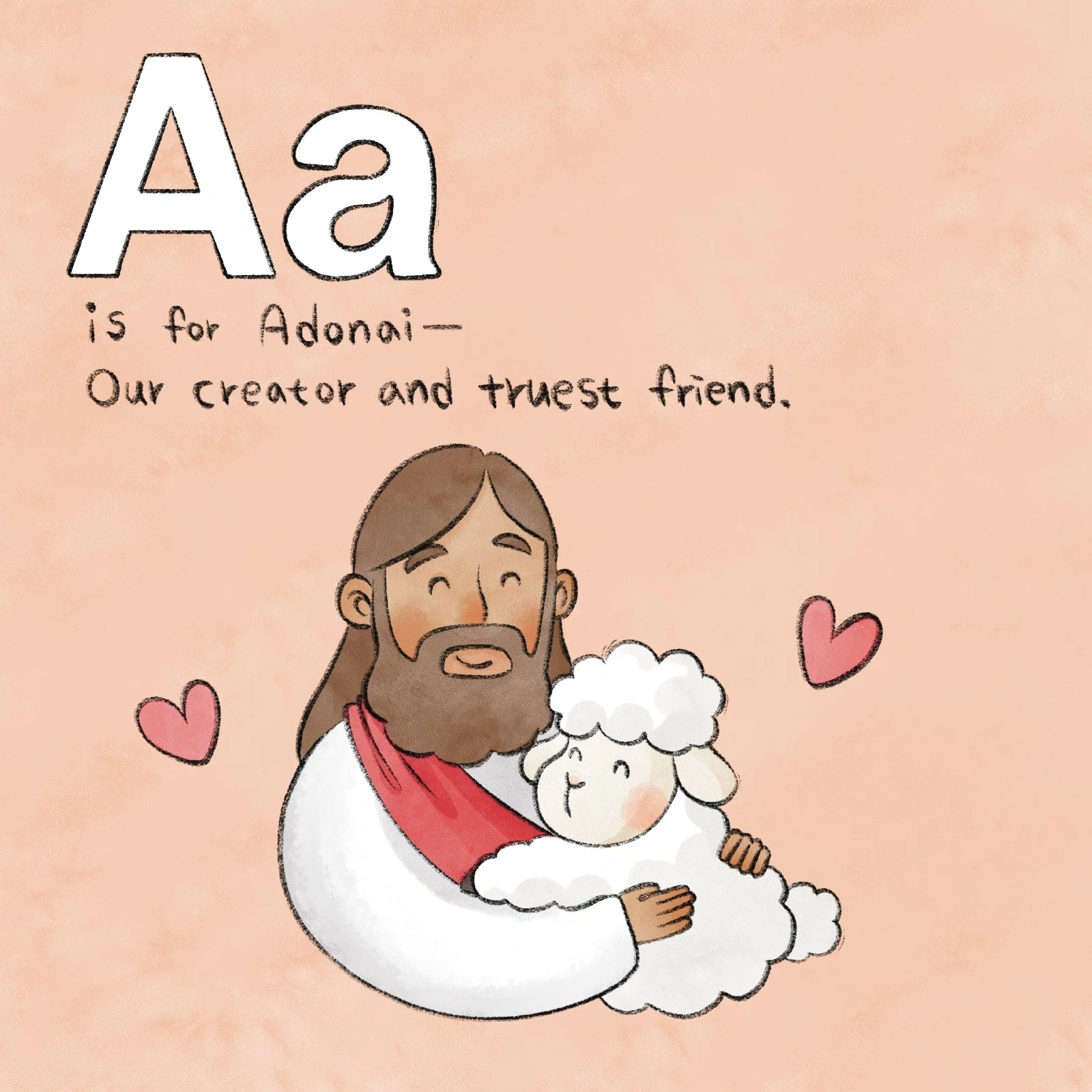 A bearded shepherd hugs a smiling lamb on a peach background.