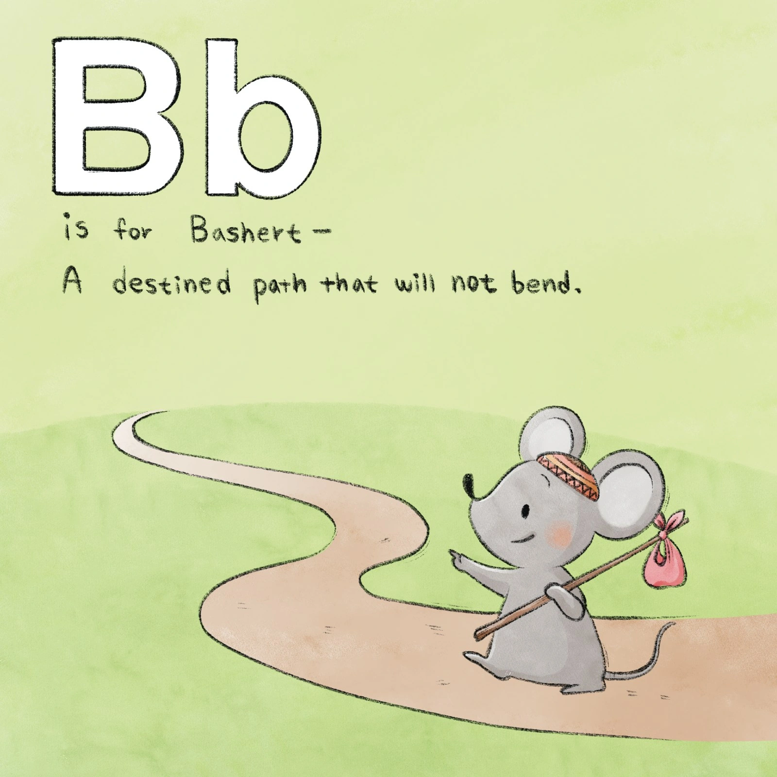 A mouse carrying a small bundle walks along a winding path.