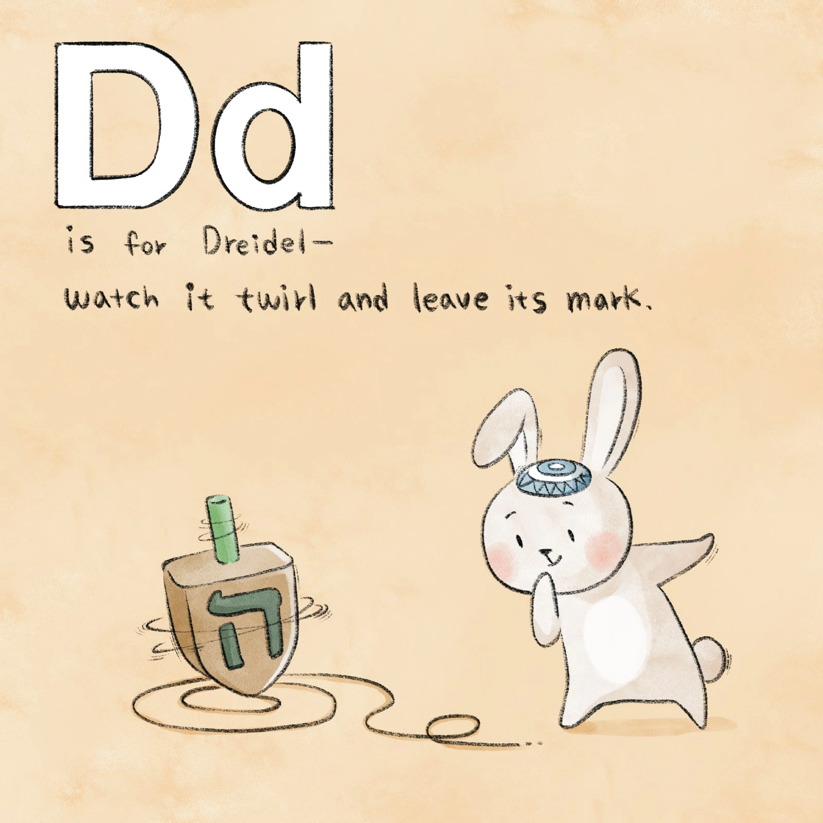 A rabbit watches a dreidel spin across the floor.