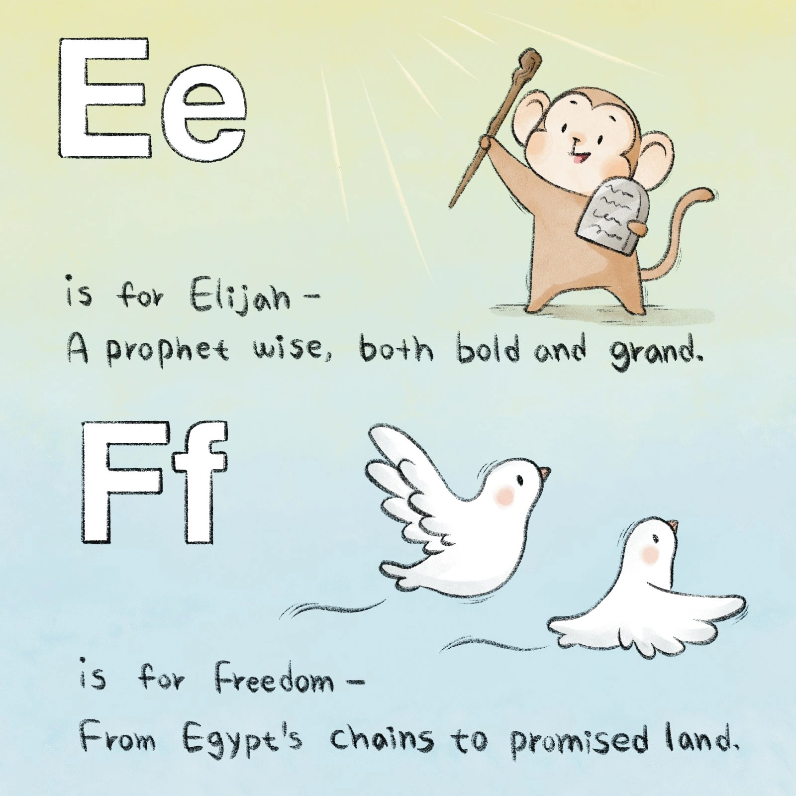 A monkey portraying Elijah raises a staff above two flying white birds.