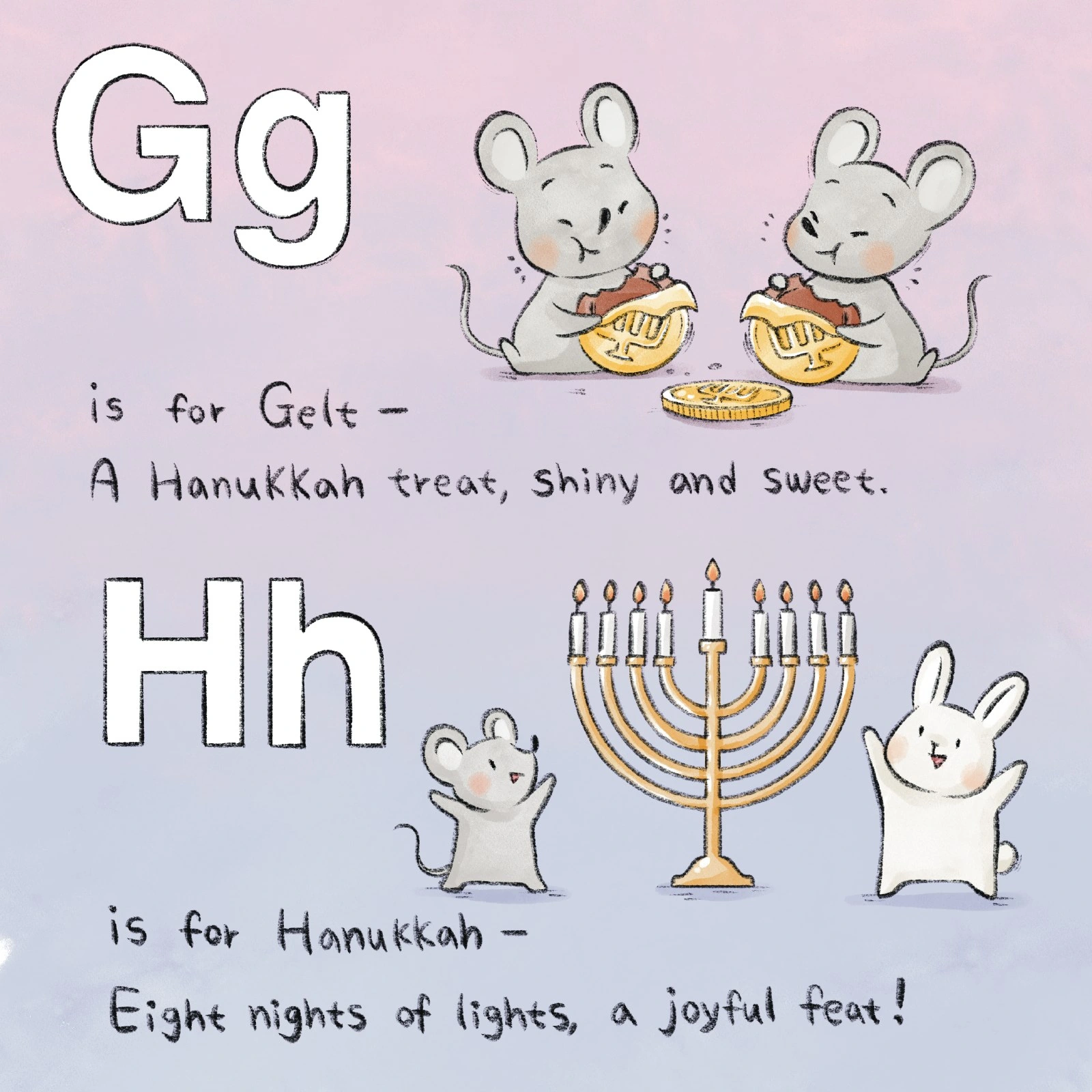 Mice share chocolate gelt above a lit menorah flanked by joyful animals.