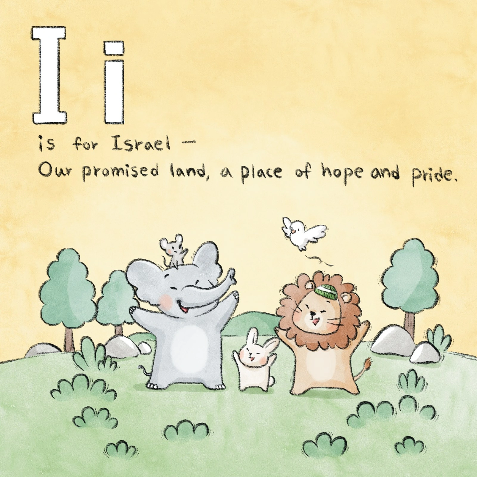 An elephant, rabbit, and lion celebrate together in a green field.