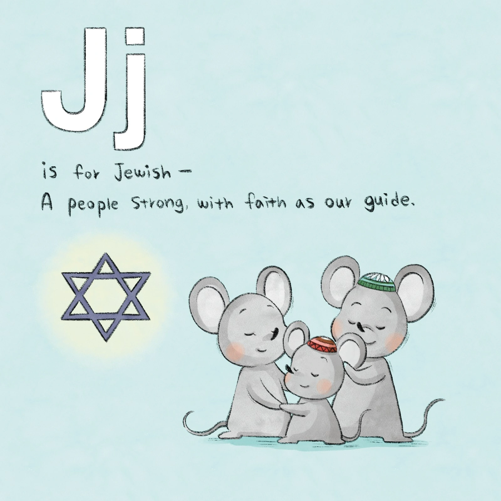 A mouse family embraces beside a Star of David.