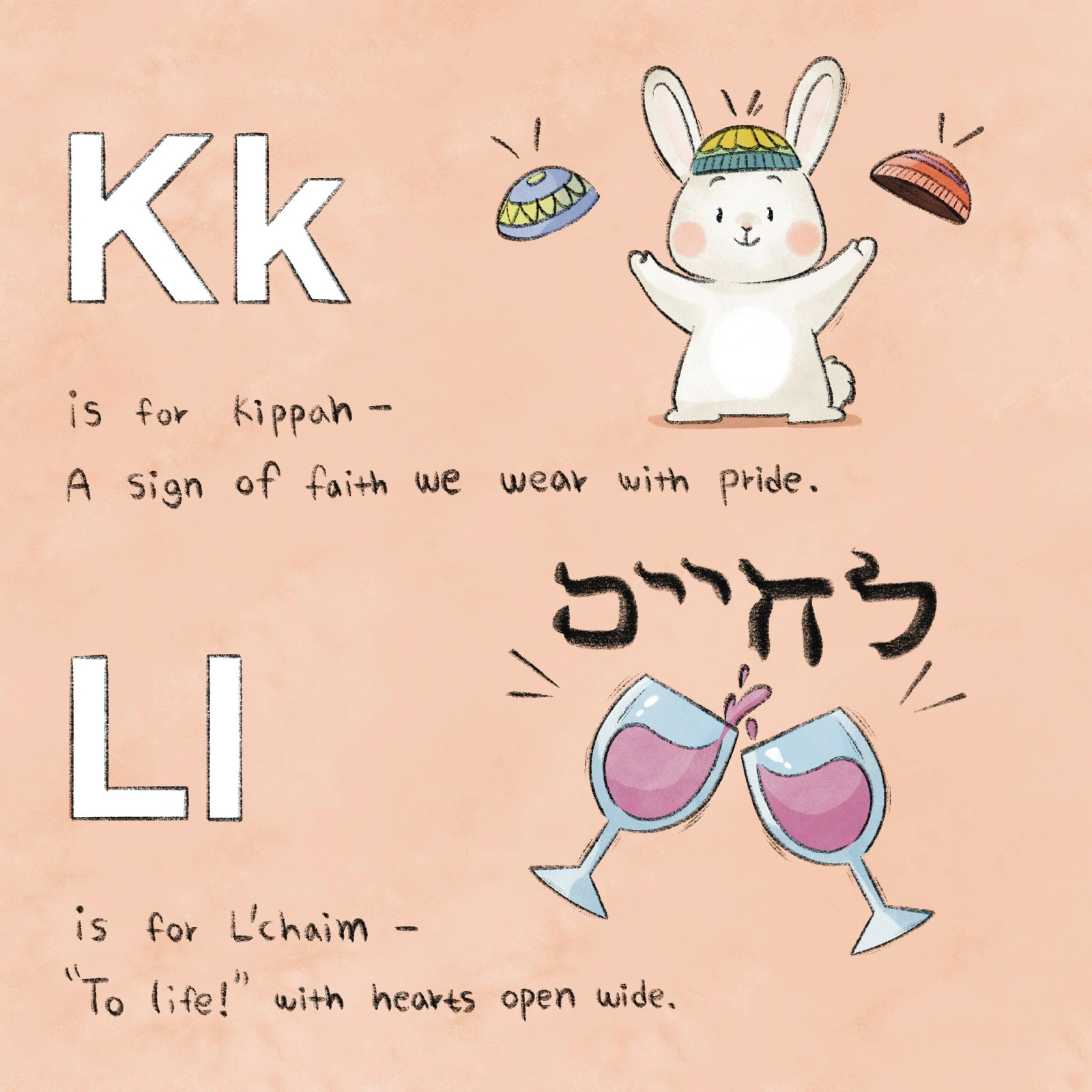 A rabbit wears a kippah above two glasses raised in a toast.