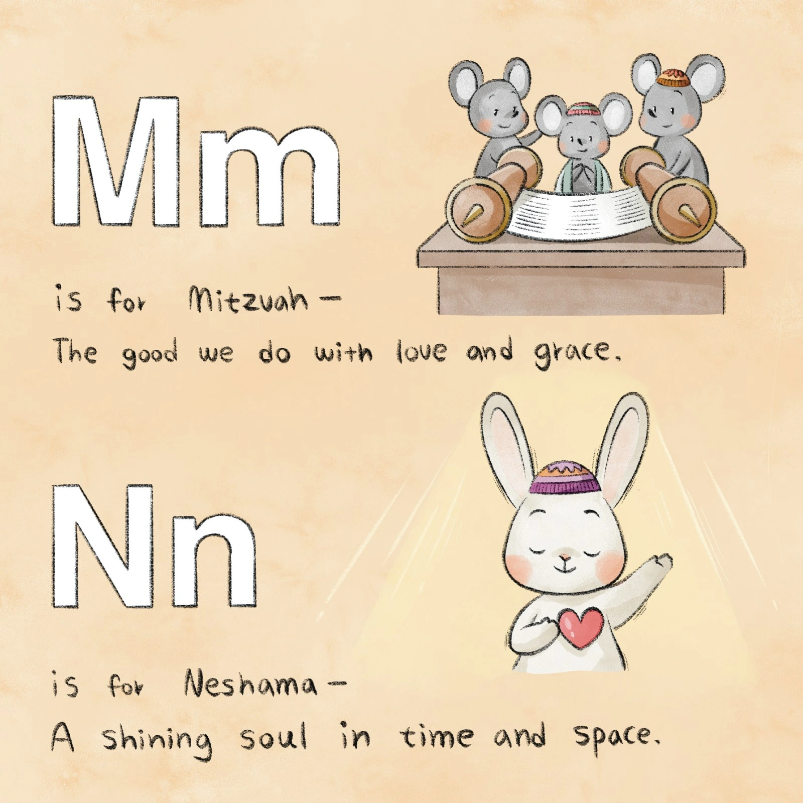A mouse reads the Torah above a rabbit holding a glowing heart.
