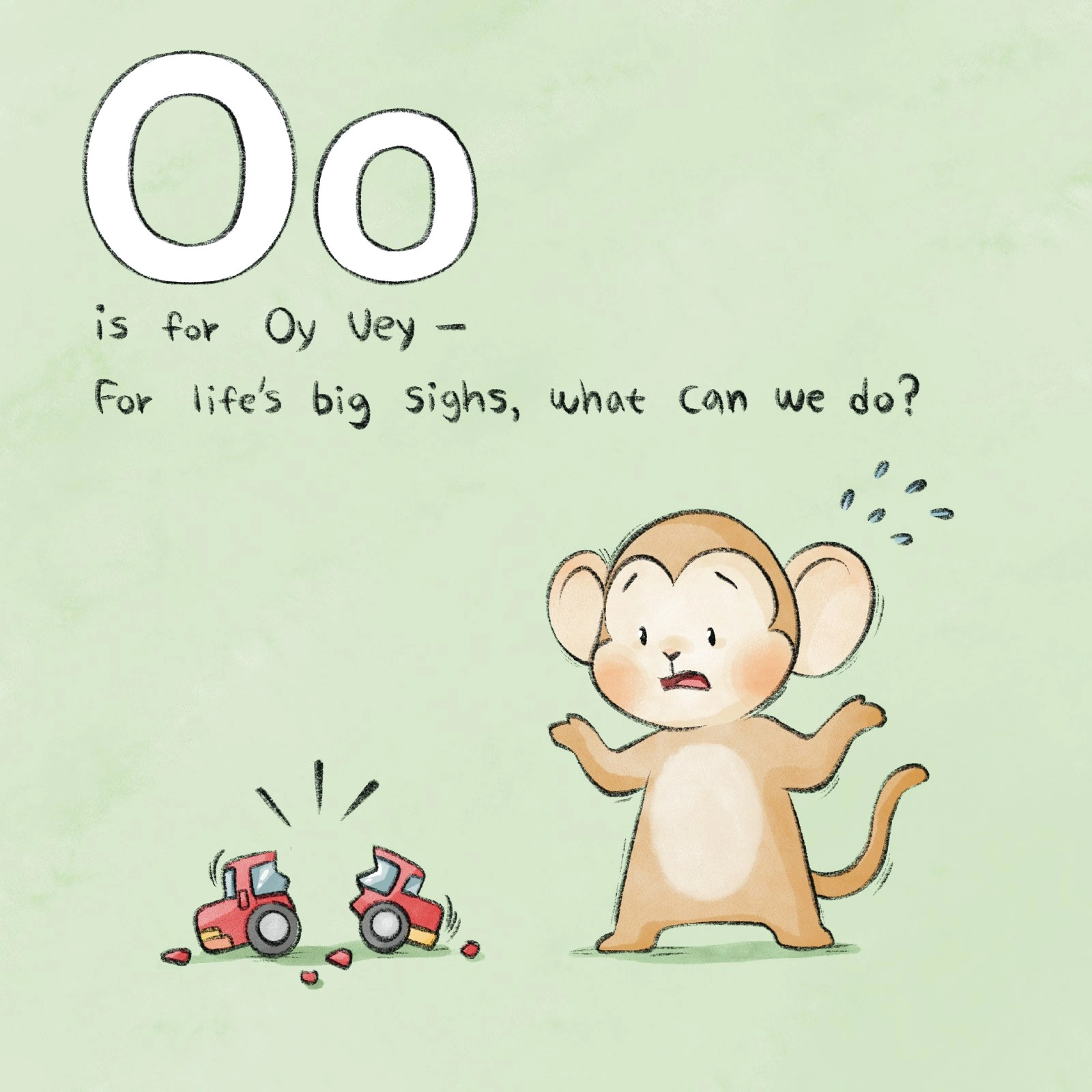 A surprised monkey gestures toward a broken toy car.