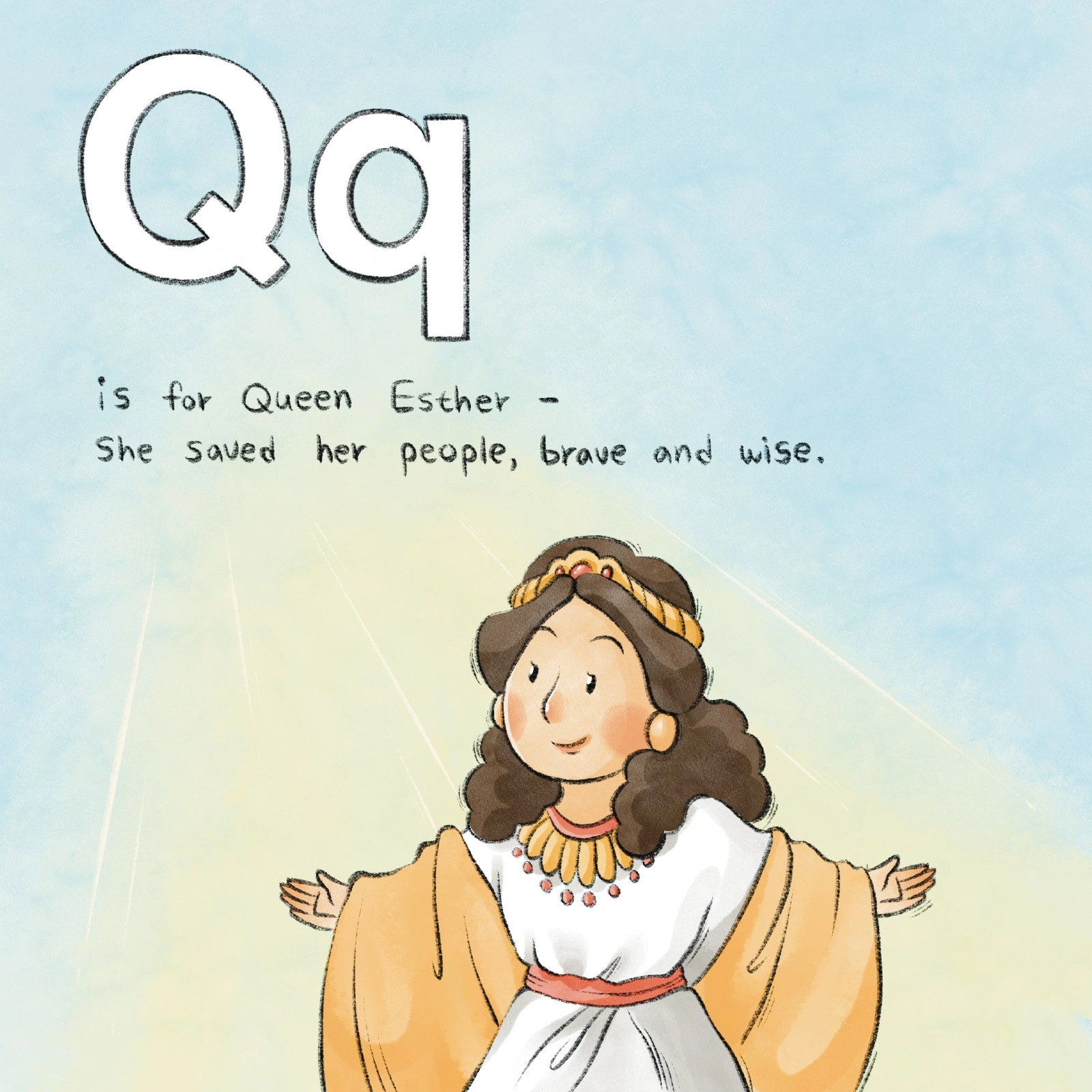 Queen Esther stands in ceremonial dress with her arms open.