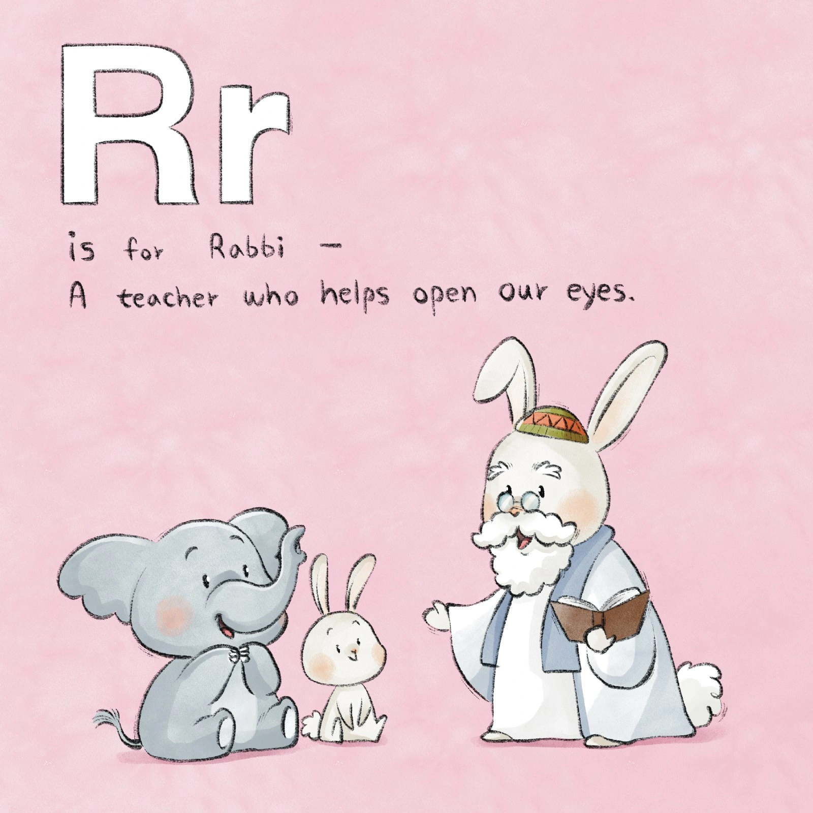 A rabbit rabbi reads from a book to an elephant and young rabbit.