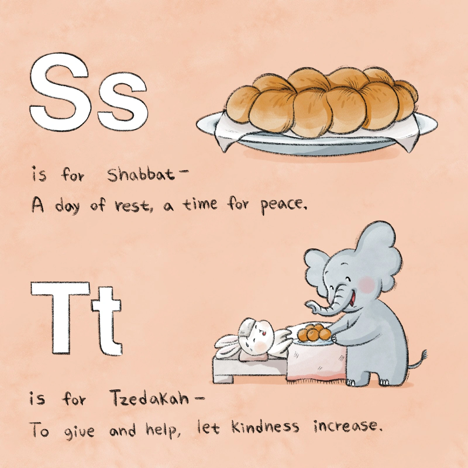 Challah represents Shabbat while an elephant brings food to a resting rabbit.