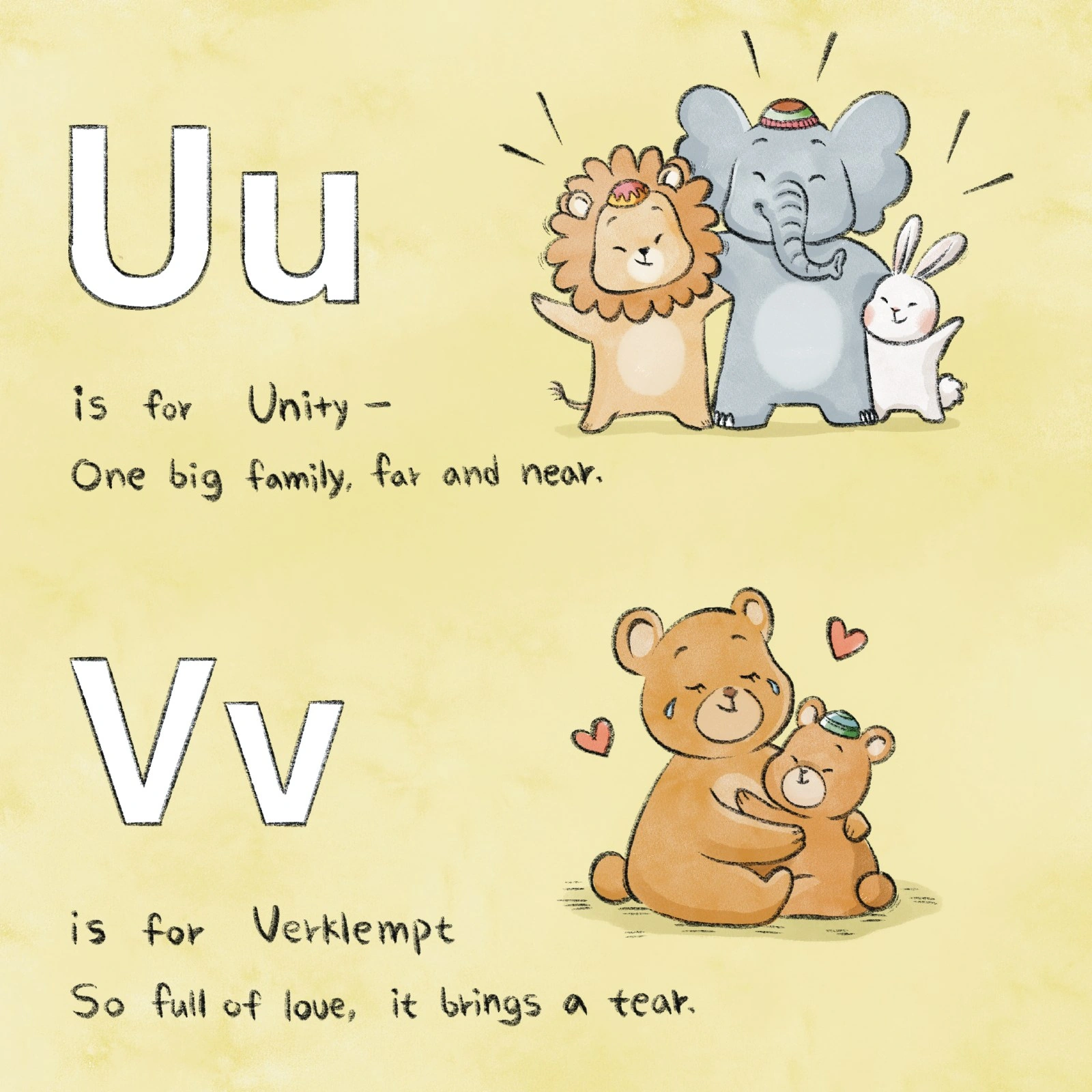 Three animal friends embrace above a parent bear hugging a child.