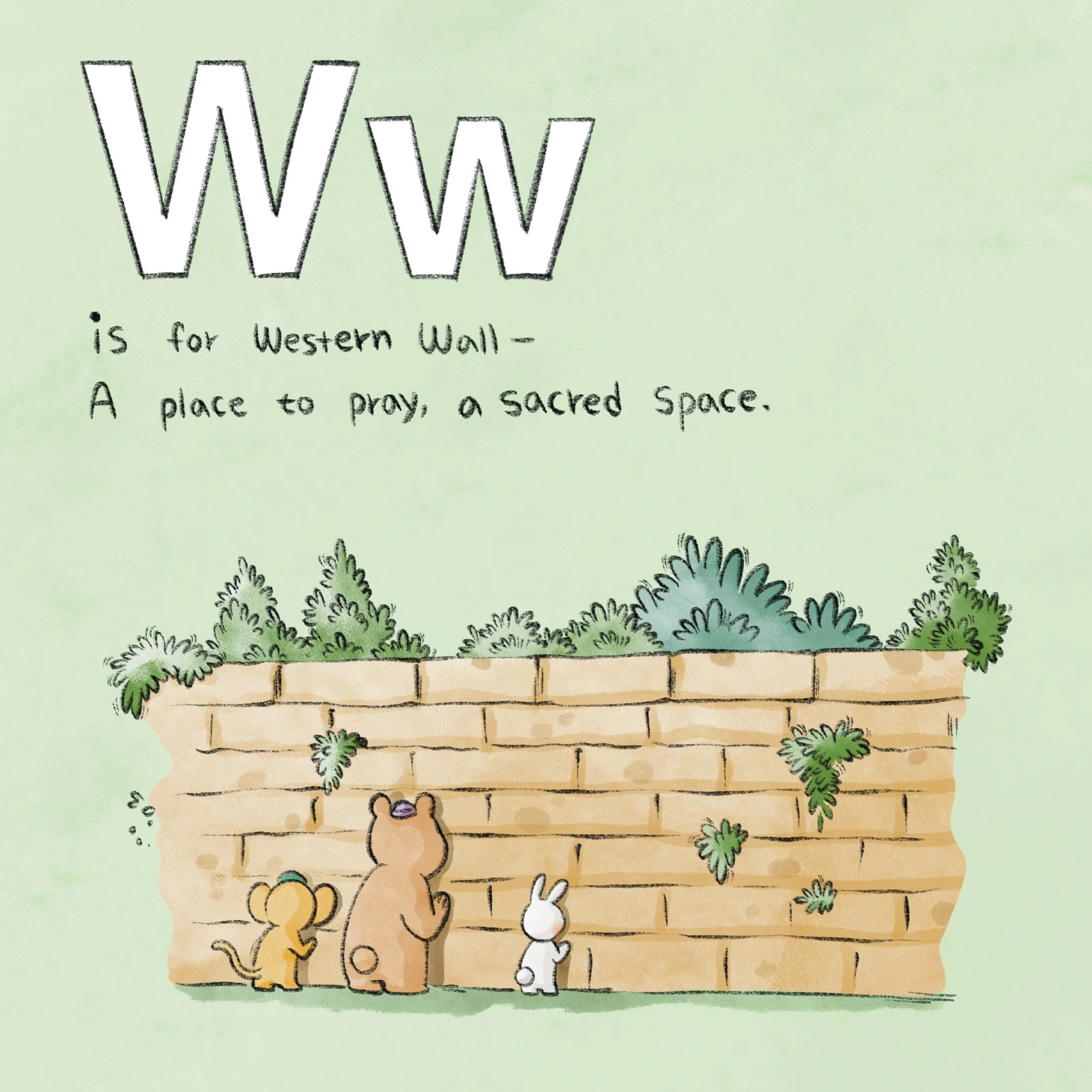 A squirrel, bear, and rabbit stand before the Western Wall.