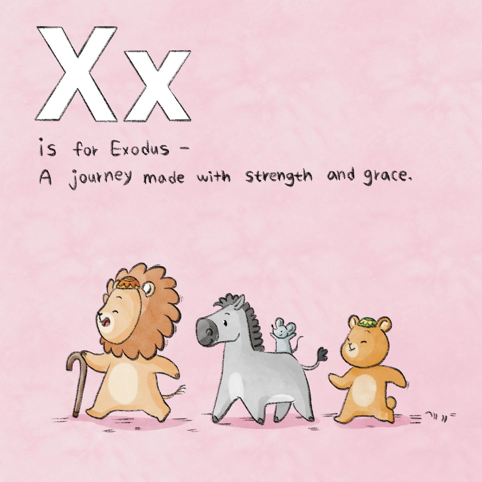 A lion leads a zebra, mouse, and bear on a journey.