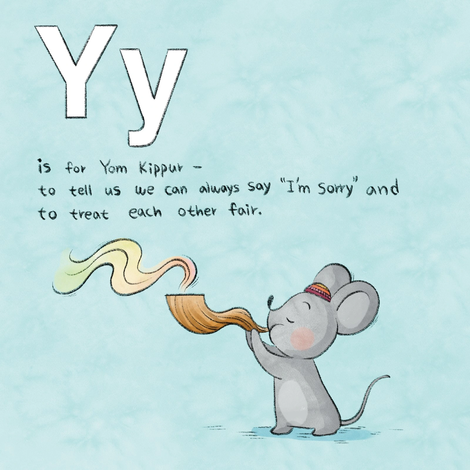A grey mouse in a kippah blows a shofar.