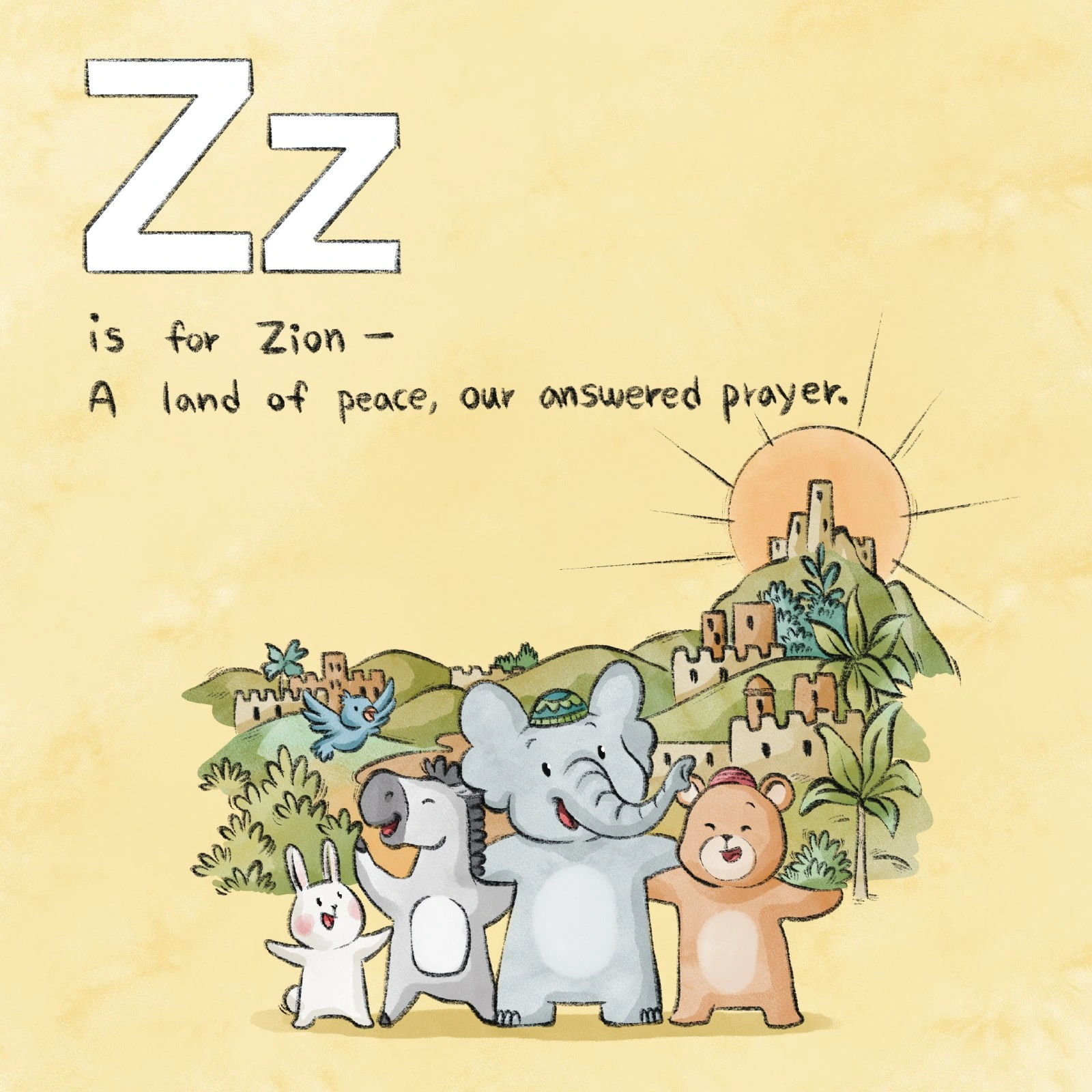 Animal friends gather in front of a sunlit hilltop city.
