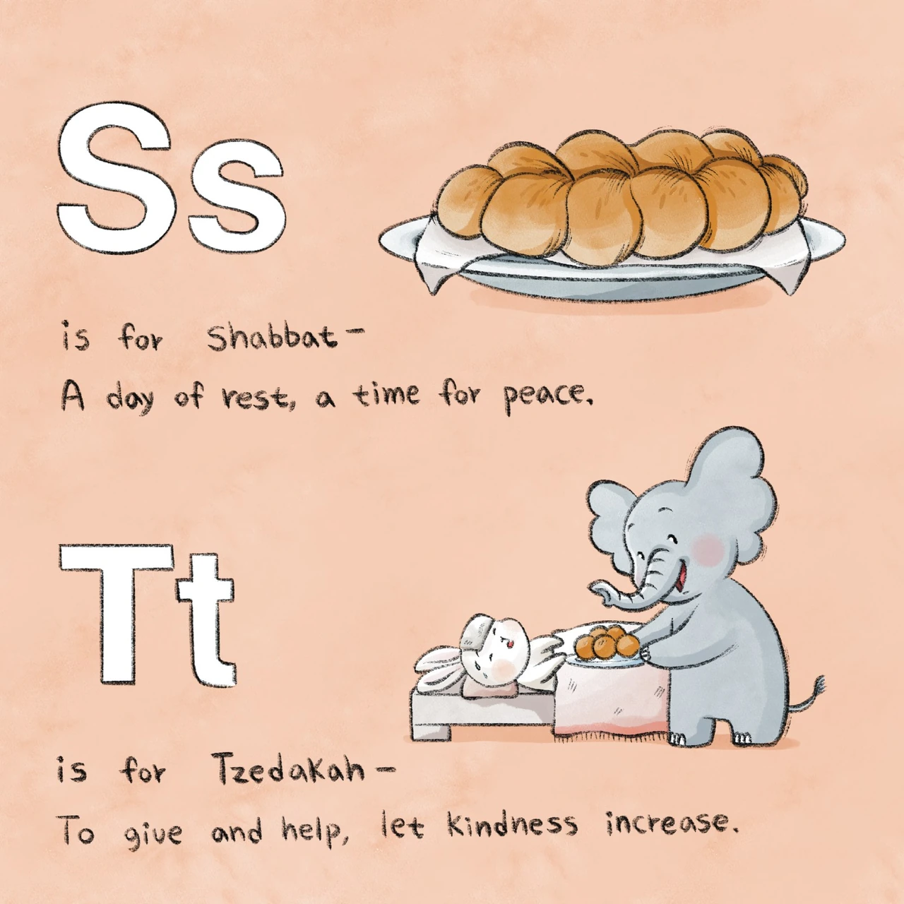 A loaf of challah above an elephant bringing food to a rabbit in bed.
