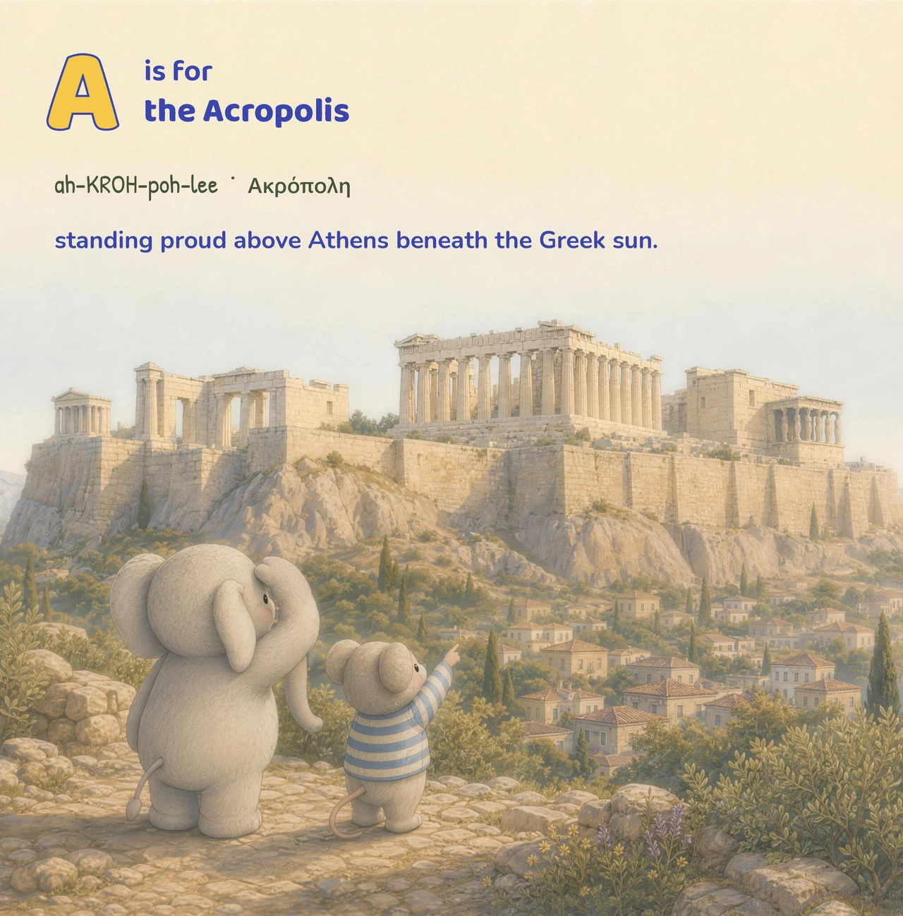 An elephant and a striped mouse look up at the Acropolis above Athens.