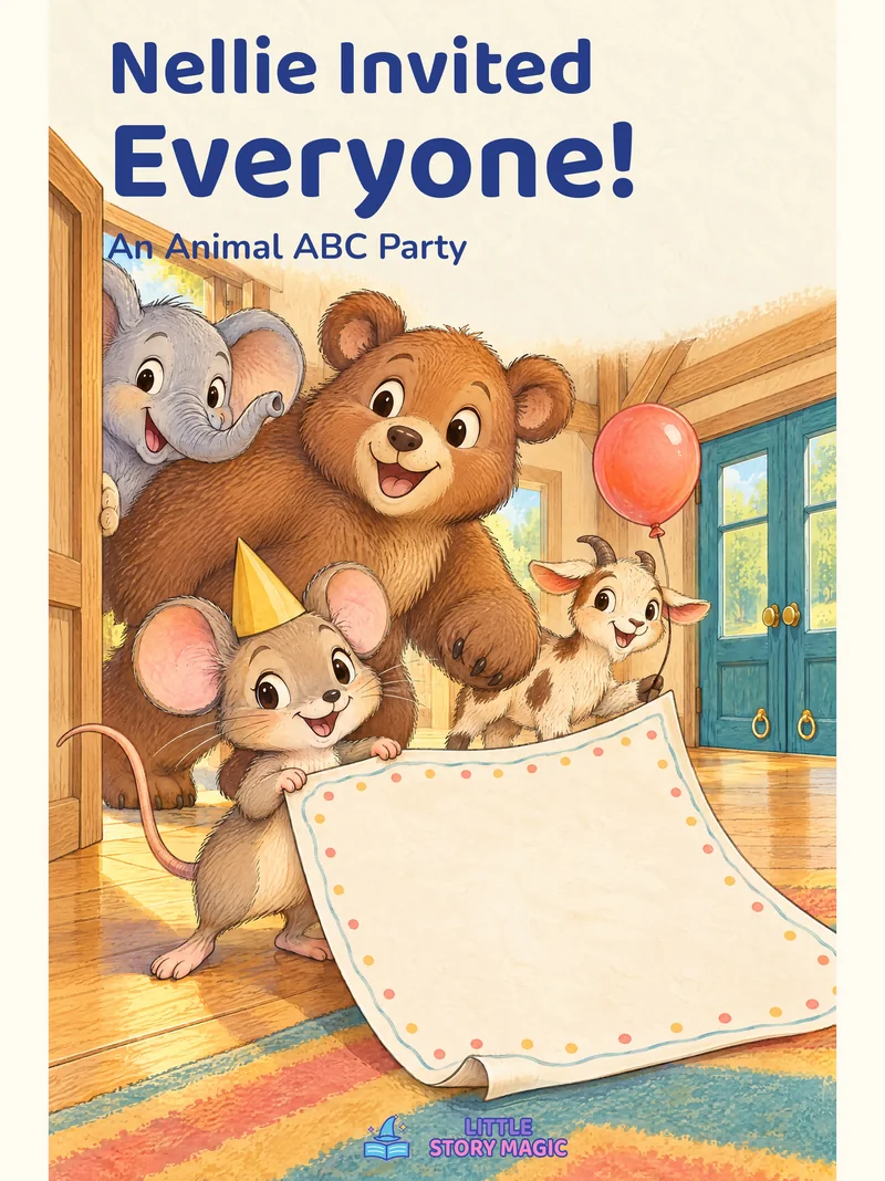 Nellie Mouse holds a large dotted invitation as Bear and Elephant crowd into her party doorway.