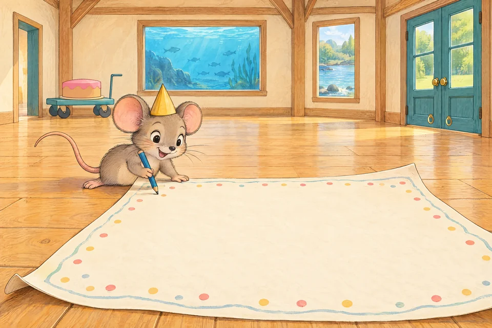 Nellie Mouse in a large party room with her yellow hat and enormous invitation.