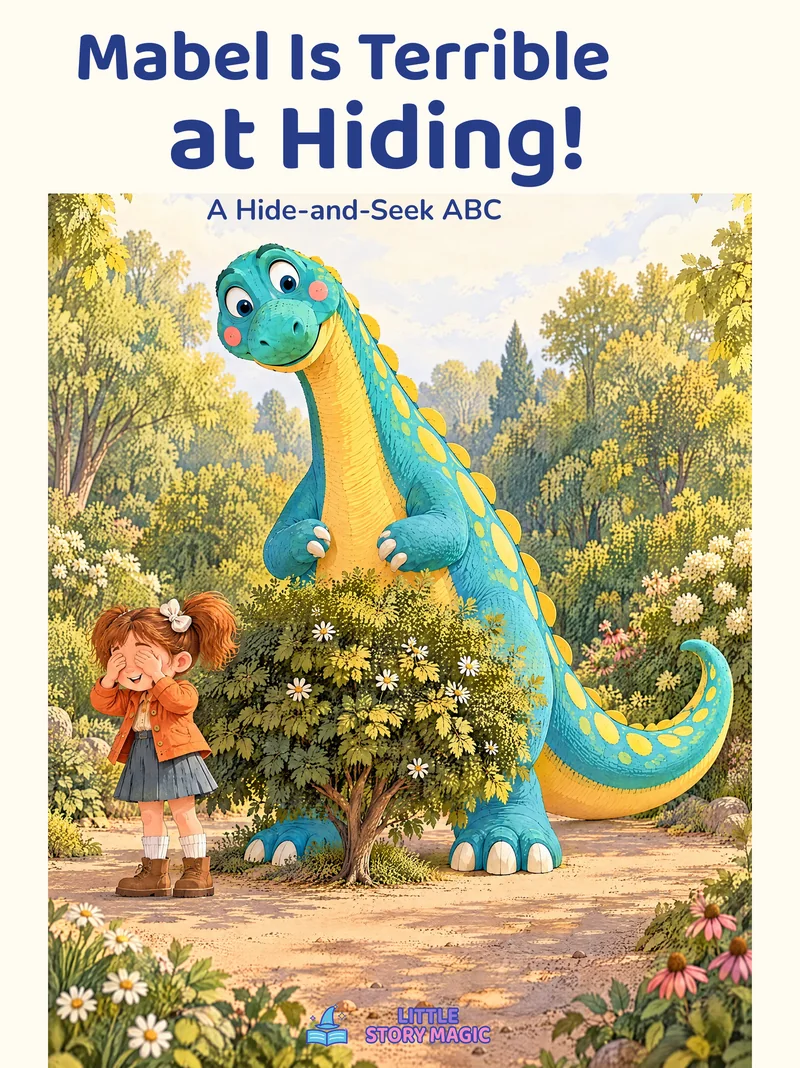 Julia smiles beside a small bush that leaves most of turquoise dinosaur Mabel in plain sight.