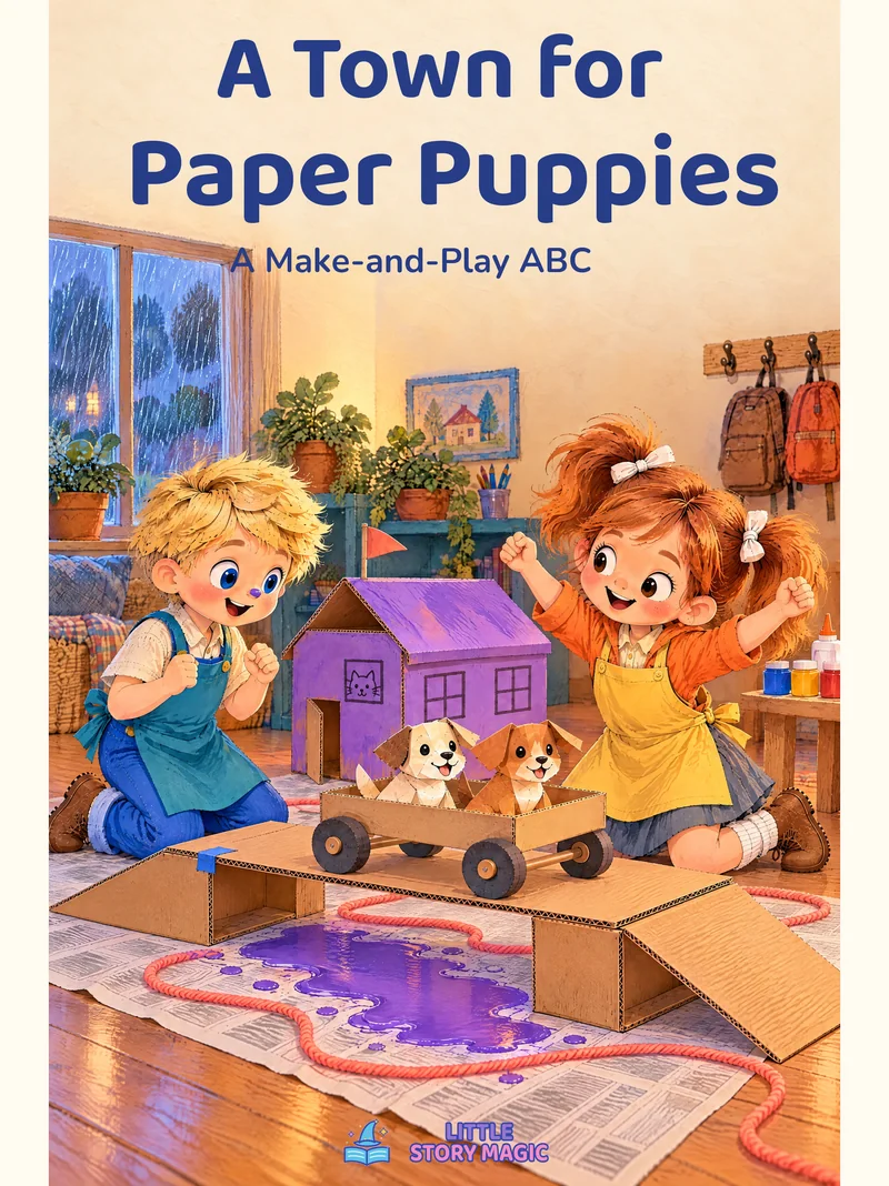 John and Julia build a purple cardboard town for two paper puppies riding in a little cart.