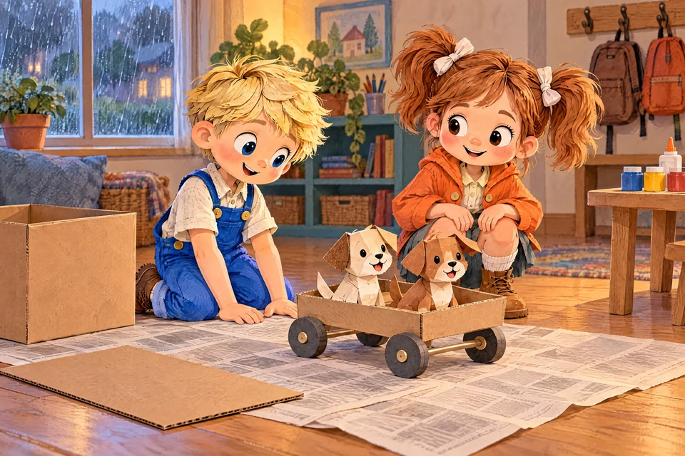 Two folded paper puppies wait in John’s little cart beside Julia and a cardboard box on a rainy day.