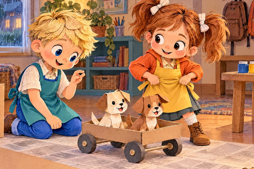 John and Julia wear teal and yellow aprons beside the paper puppies.