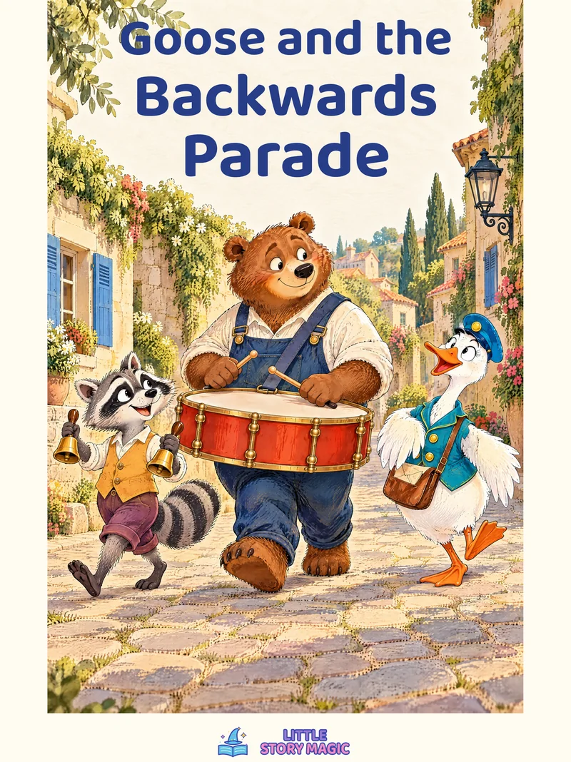 Goose, Bear with his large drum, and Raccoon with two bells parade along a sunlit village lane.