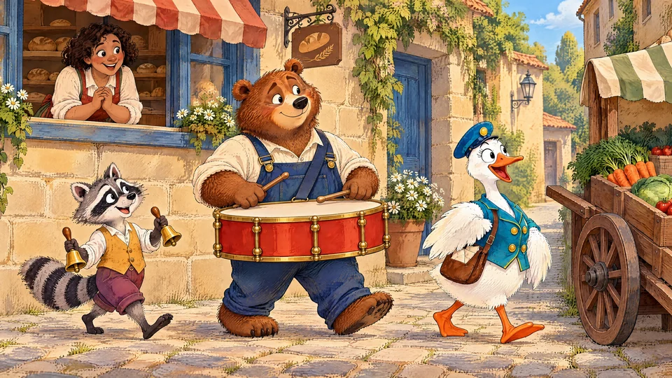 Goose leads Bear and Raccoon past the baker's window, carrying one drum and two bells.