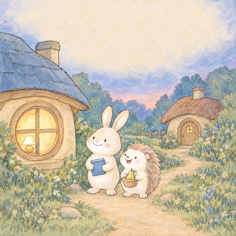 Bunny and Hedgehog share a book outside two warmly lit cottages.