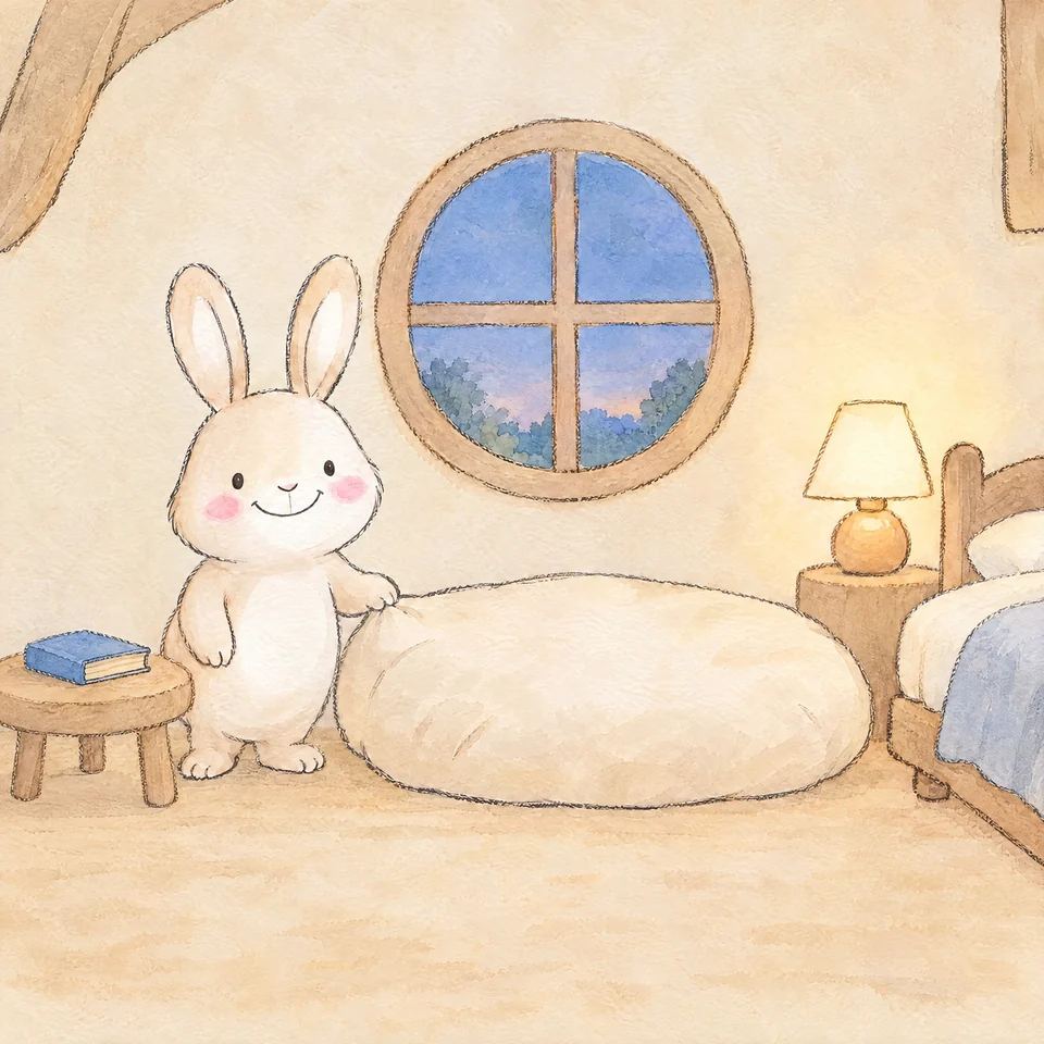 Bunny puffs a broad cream reading cushion beside a closed blue book in a cozy cottage.