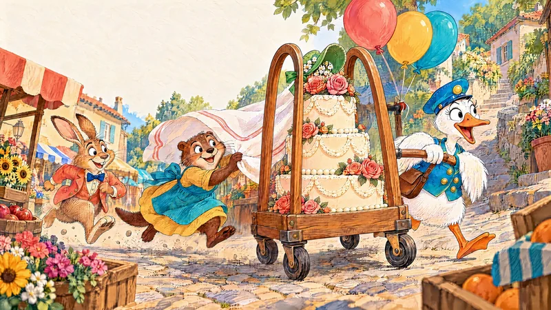 Goose chases a tall birthday cake on a trolley through the market.