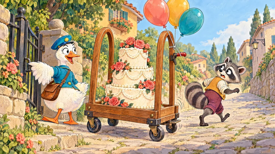 Goose turns to open gate after tying three balloons. Foreground one string catches brake lever and lifts it; trolley just begins rolling as Raccoon looks back.